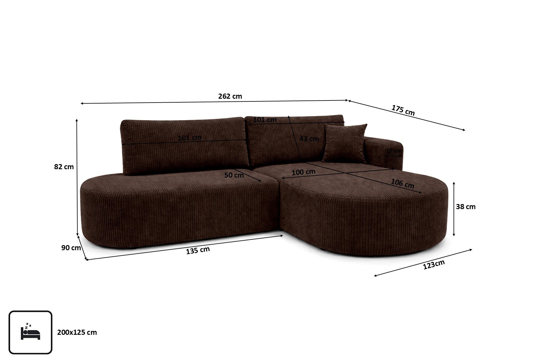 Kaiser Möbel Ecksofa mit Schlaffunktion und Bettkasten, Cordstoff POSO, ROUND ONE OPEN XL, Abgerundete Form, Große Liegefläche, Cordstoff mit markanter Struktur