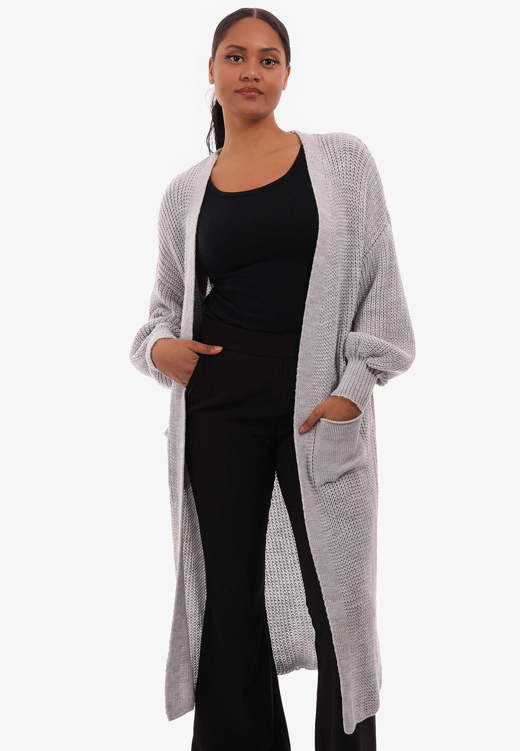 grau aufgesetzten YC in Fashion Strickjacke & Style Verschlusslos Cardigan Unifarbe, mit Taschen Cardigan Basic