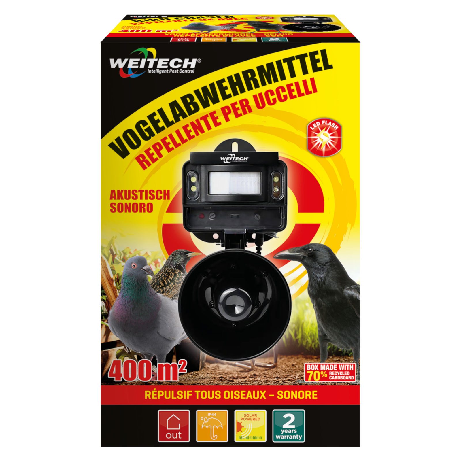 WEITECH Ultraschall-Tierabwehr Vogelabwehr zum vor Schäden durch Vögel, mit LED Lichtblitzen und A...
