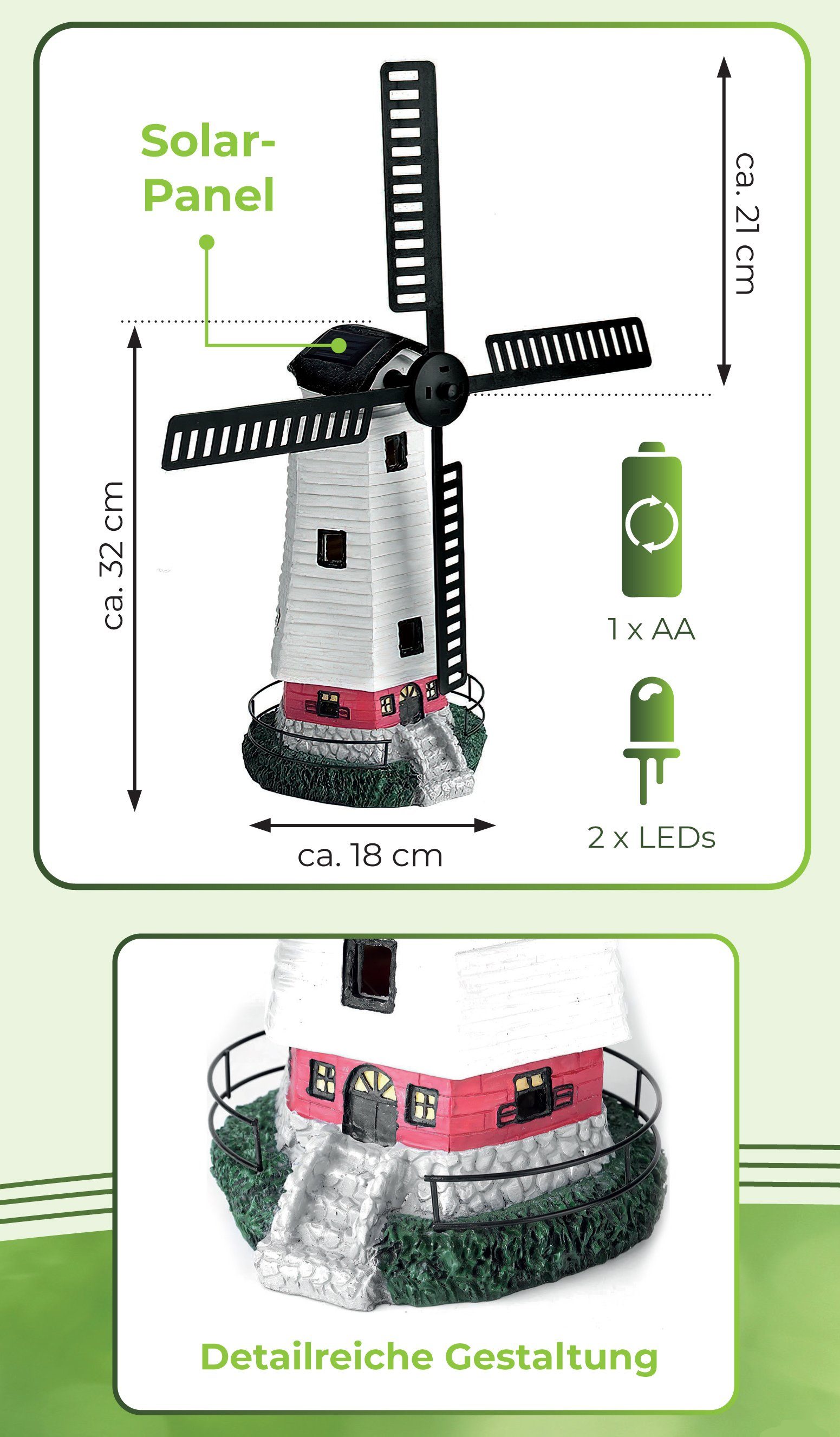 IC Gardenstyle LED Solarleuchte Solar Windmühle mit LED Licht für außen, Solarlampe für den Garten, LED fest integriert, warm-weiß, bewegliche Flügel