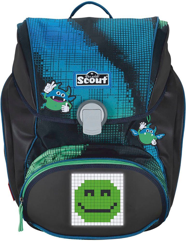 Scout Schulranzen Alpha Movie Star, mit LED-Display, Blue Pixel (Set, 4-tlg), mit Powerbank, enthält recyceltes Material