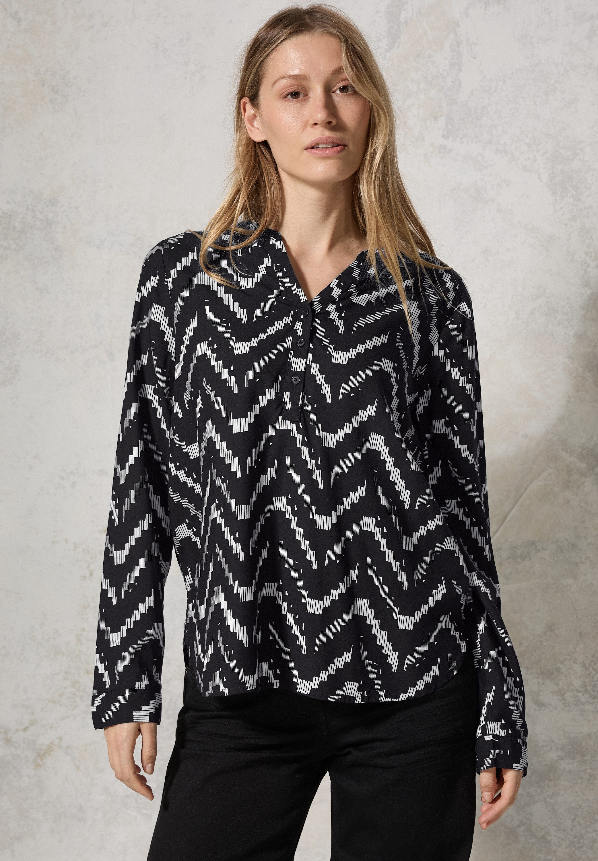 CECIL Langarmbluse mit geschlitztem Rundhalsausschnitt