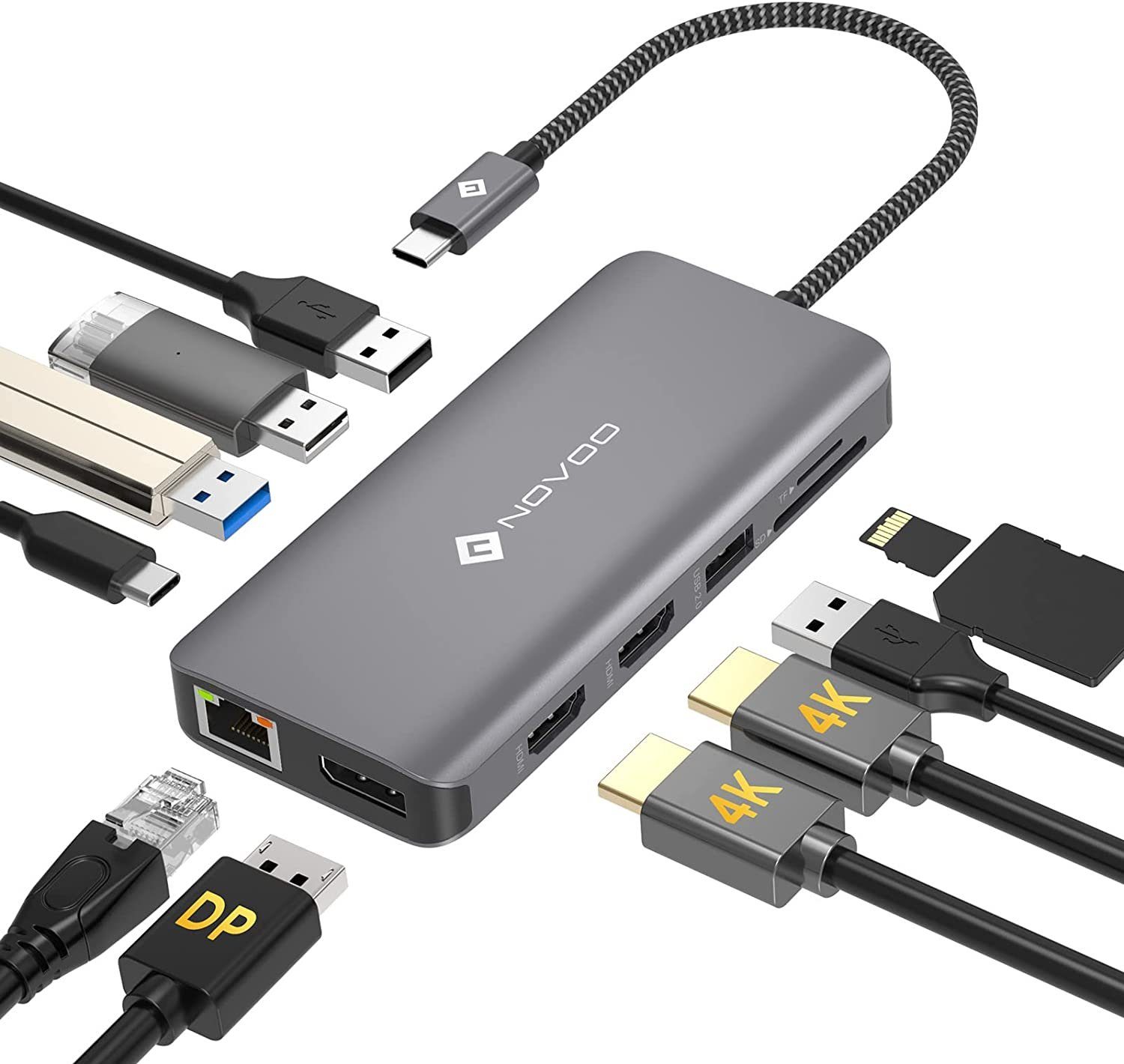 NOVOO 11 in 1 Adapter für technische Geräte, Anschlusserweiterung für den  PC USB-Adapter USB-C zu USB 3.0 Typ A, SD & TF Kartenleser, HDMI für 4K,  LAN, USB-C PD, Kompatibel mit Windows