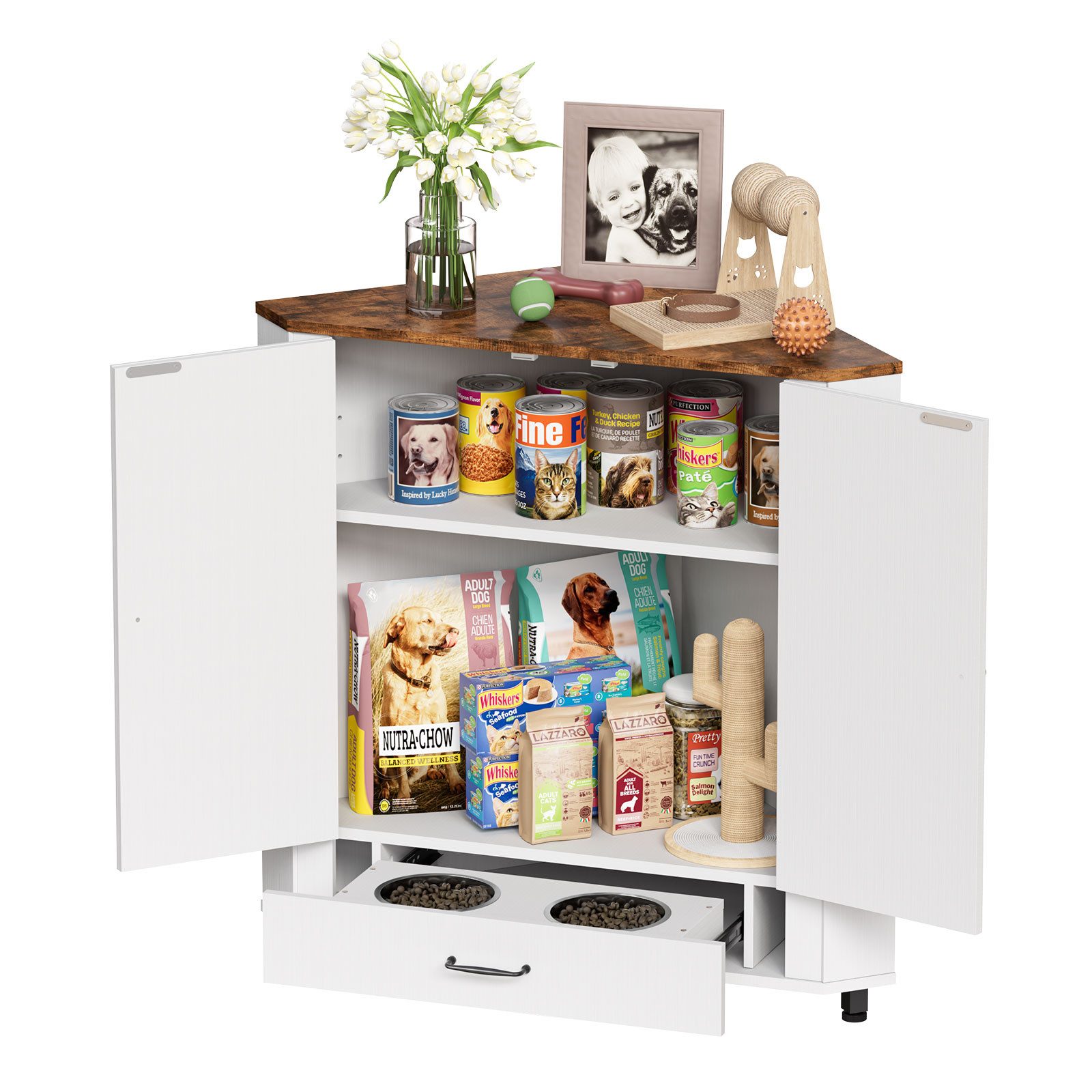 TWSOUL Eckkommode Futterstation 2in1 Lagerschrank, verstellbarer Fachboden mit Stauraum, mit 2 Edelstahlnäpfen und 4 Haken, Für Hunde und Katzen 85*86cm