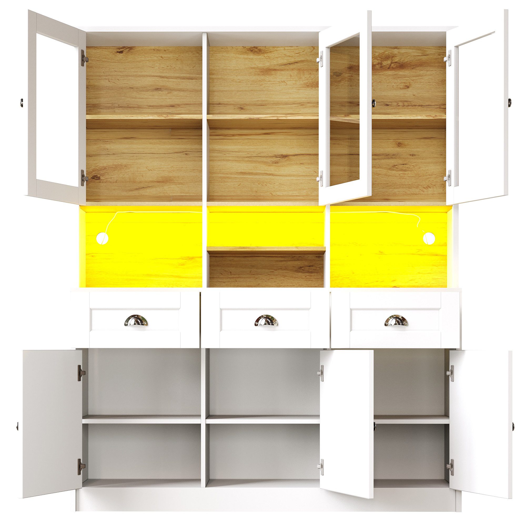 Flieks Küchenbuffet mit LED-Beleuchtung und verstellbaren Einlegeböden (1-St., B140/T40/H175 cm) Hochschrank Küchenschrank Geschirrschrank mit Schubladen und Acryltür