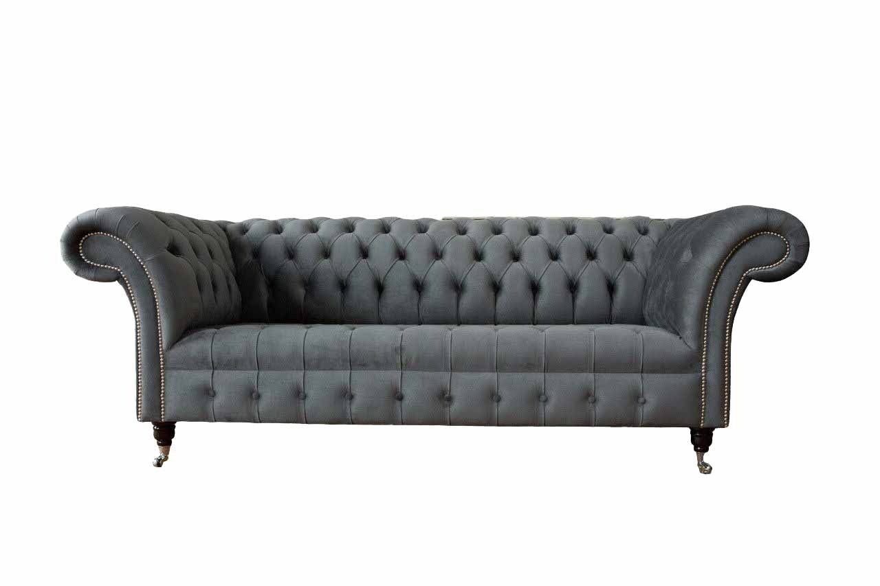 JVmoebel Sofa Englische Chesterfield Made Grau, In Samt Büro Dreisitz 230cm Couch Europe Möbel Sofa