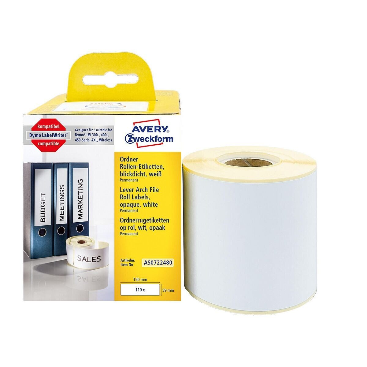 Avery Zweckform Thermorolle AS0722480, entspricht DYMO® S0722480, 110 Ordner-Etiketten 59/190 mm, blickdicht
