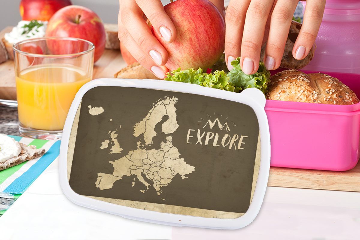 MuchoWow Lunchbox Karte Europa - (2-tlg), Kinder, Mädchen, Vintage für rosa Brotdose Zitat, Kunststoff, Kunststoff Erwachsene, Snackbox, Brotbox 