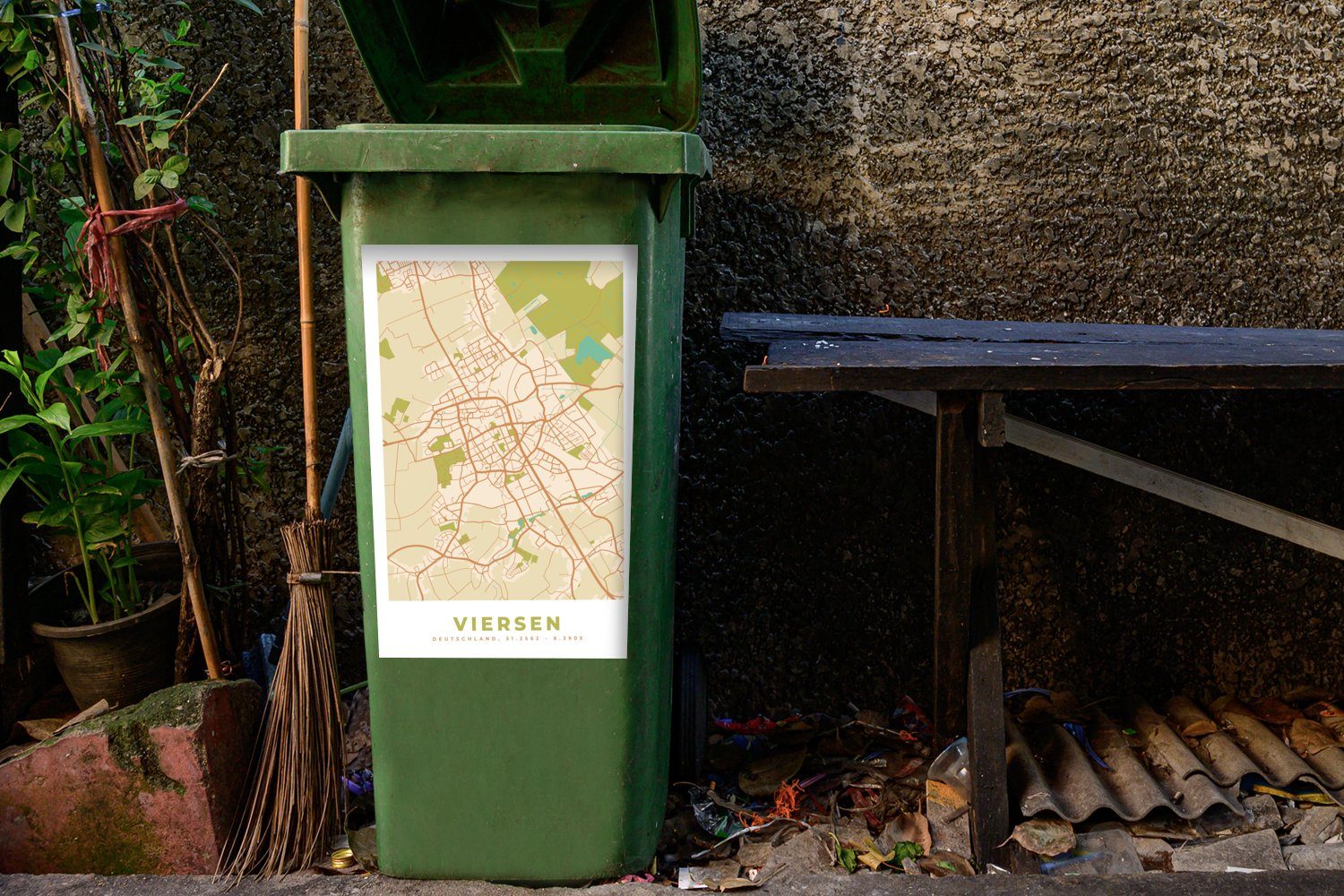 Mülleimer-aufkleber, - St), Sticker, MuchoWow Stadtplan Wandsticker - (1 Stadtplan Vintage Abfalbehälter Container, Mülltonne, Viersen -