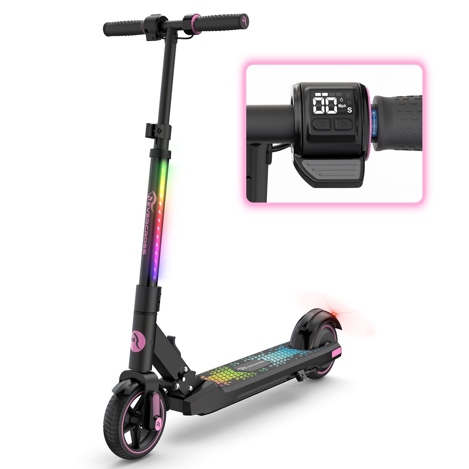 EVERCROSS TECH Elektro-Kinderroller EV06C 6.5'' Faltbarer E Scooter für Kinder 6-12 Jahren, bis zu 8 km, max 15KM/H, LED Display, Bunte Leuchten