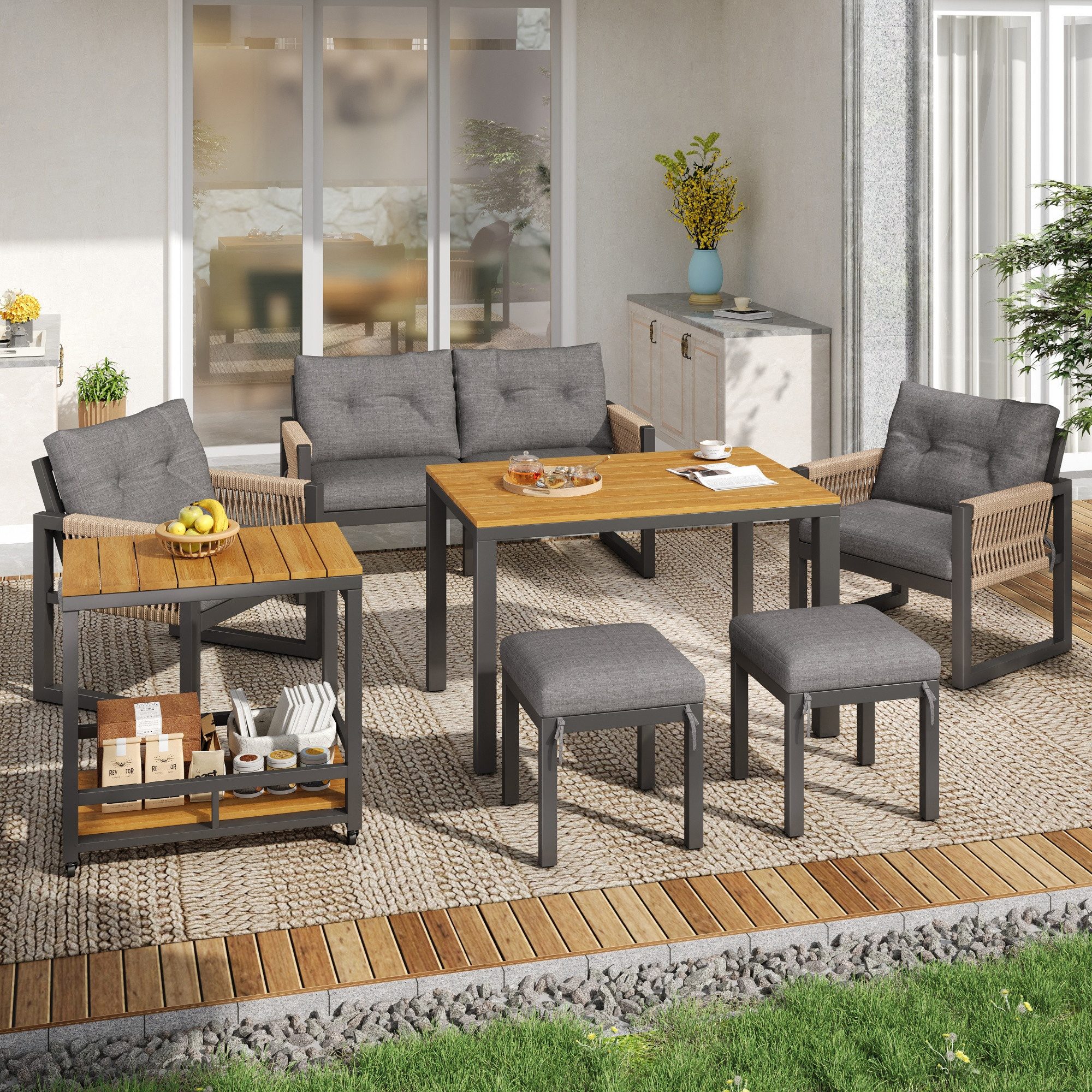 MODFU Sitzgruppe Robustes Outdoor-Set aus Eisen mit flexiblen Sitzoptionen, (Doppelstuhl, 6-tlg., 6-tlg.: 1 Tisch (150 cm), 3 Stühle, 2 Hocker – Tischplatte abnehmbar), Perfekt für flexible Sitzarrangements in Terrasse oder Garten