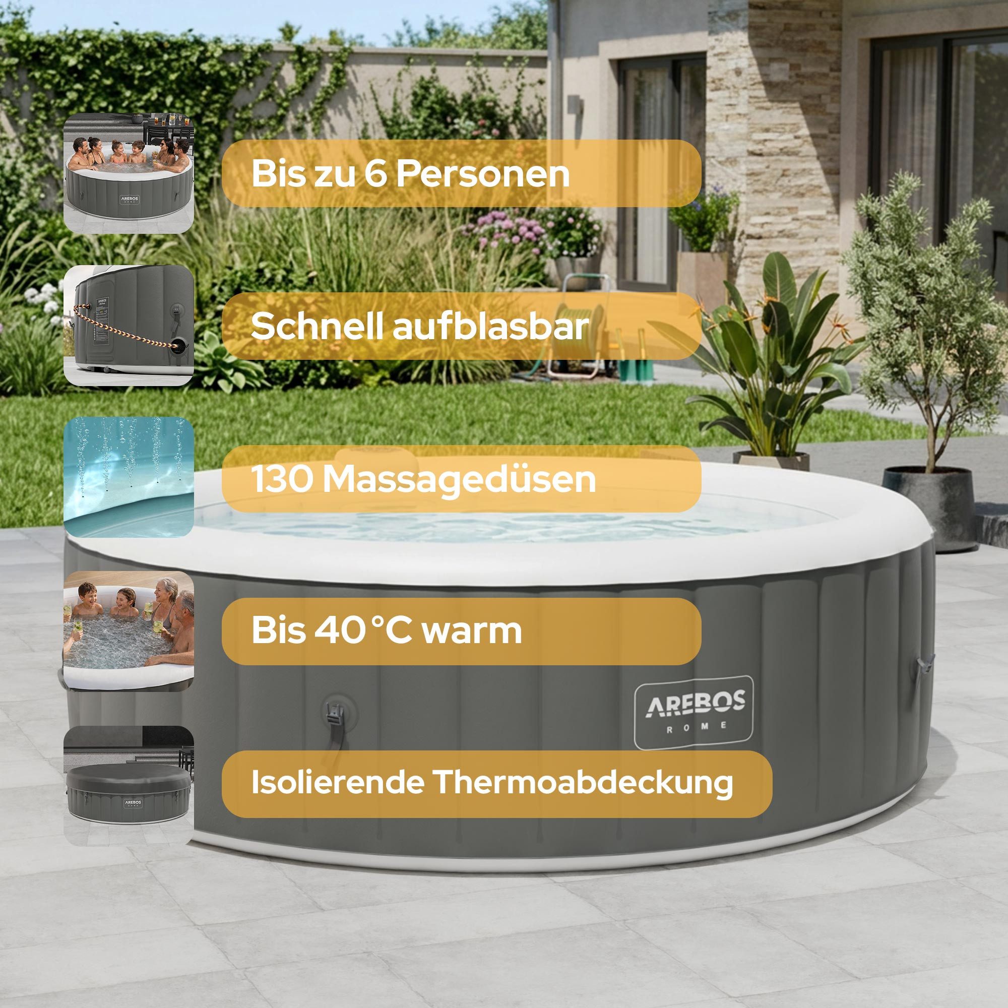 Arebos Whirlpool ROME aufblasbar für bis zu 6 Personen mit 130 Massagedüsen, (Komplett-Set, 208 x 208 cm), für Outdoor & Indoor