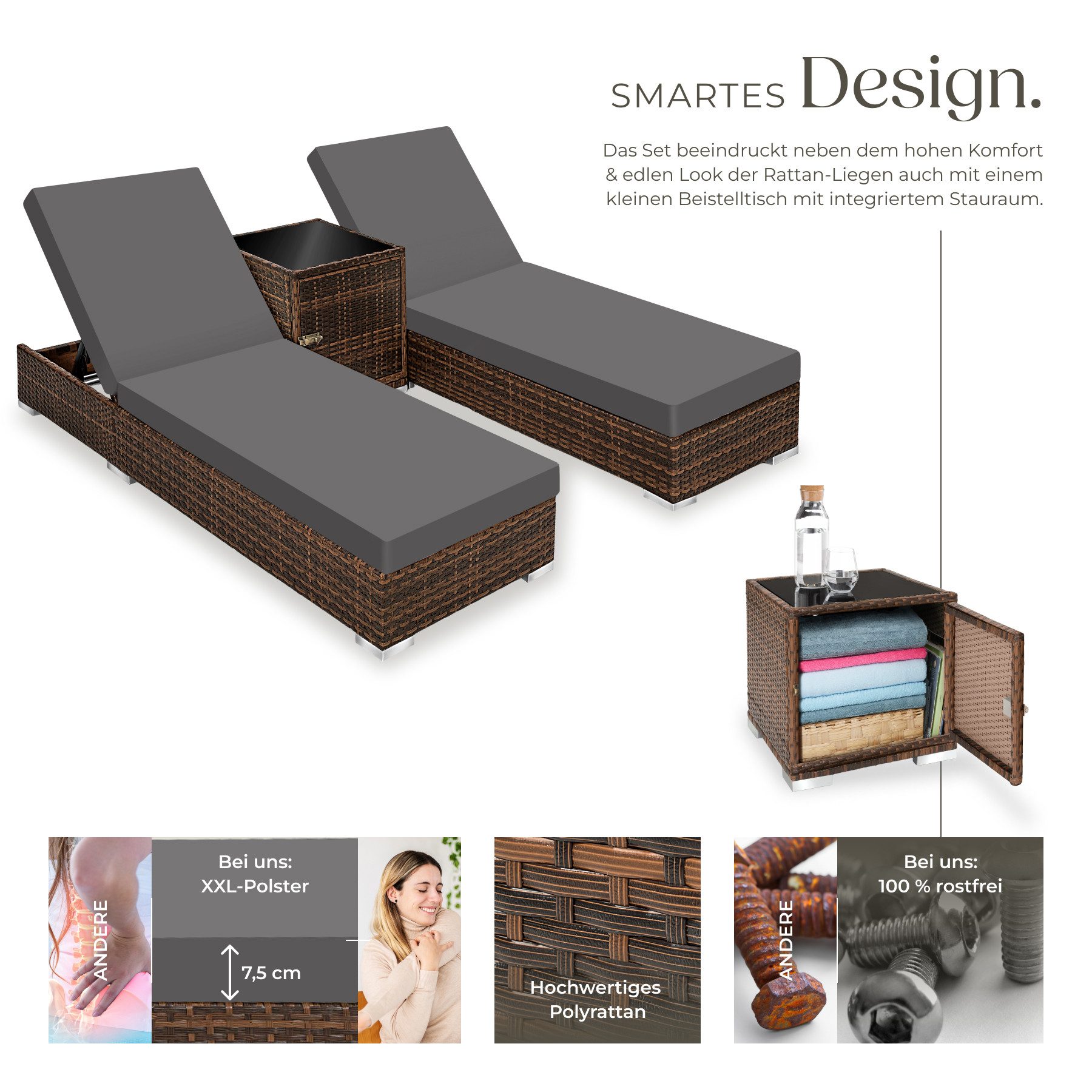 tectake Gartenliege Rattan Sonnenliegen, inklusive 2 Bezugssets und Schutzhülle, Loungeliege Set, 1 St., in Braun, wetterfest und UV-beständig, Tisch mit Staufach, Sicherheitsglasplatte
