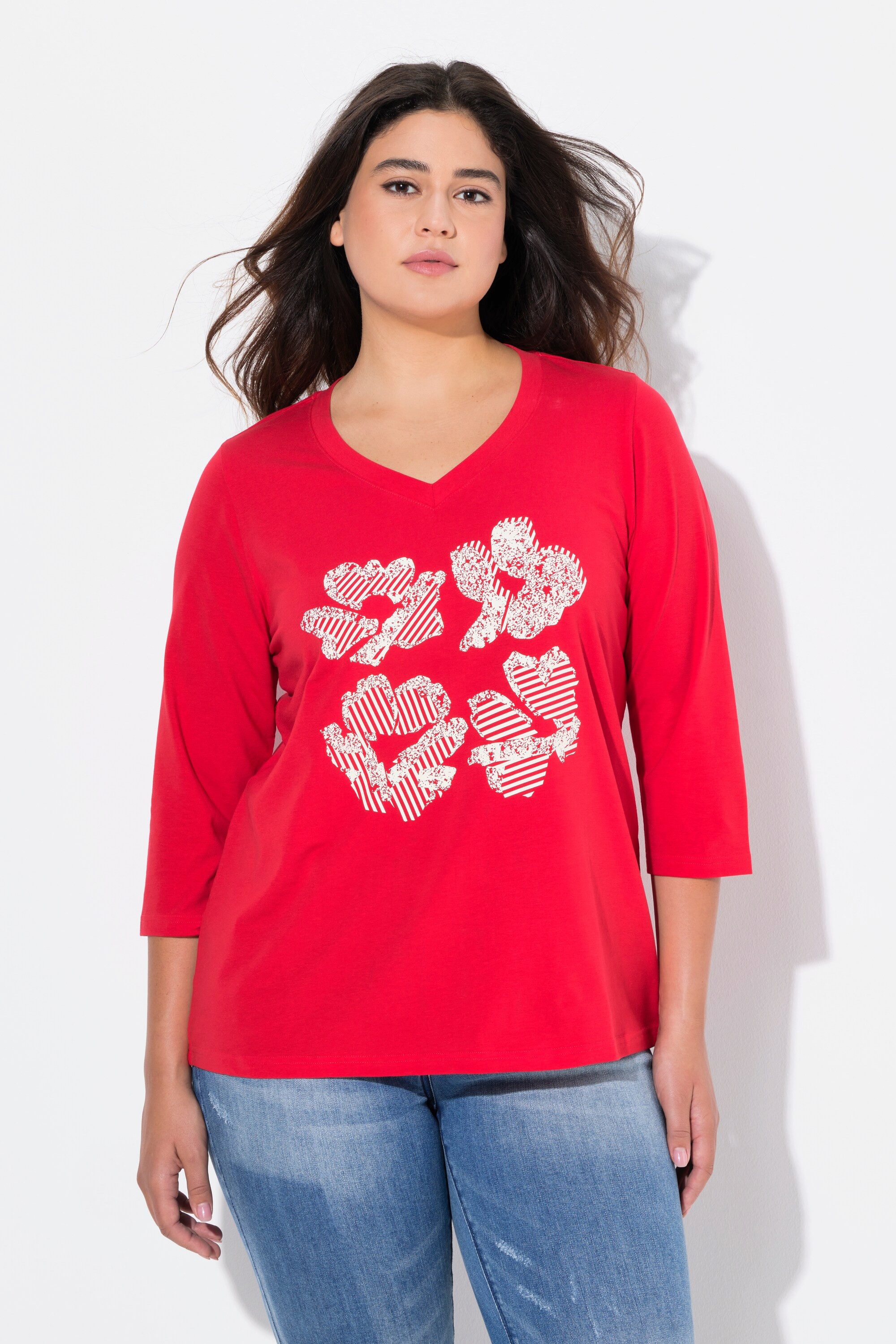 Ulla Popken T-Shirt Shirt Blüten Classic V-Ausschnitt 3/4-Arm günstig online kaufen