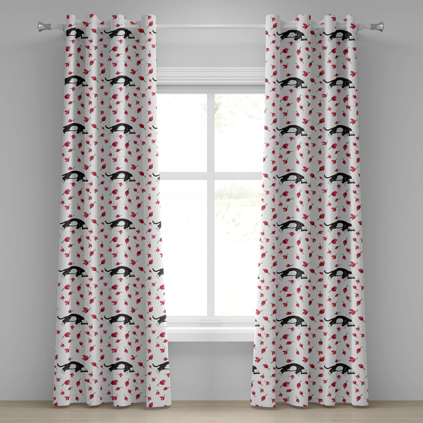 Gardine Dekorative 2-Panel-Fenstervorhänge für Schlafzimmer Wohnzimmer, Abakuhaus, Kätzchen Cat Sleeping Tulpen