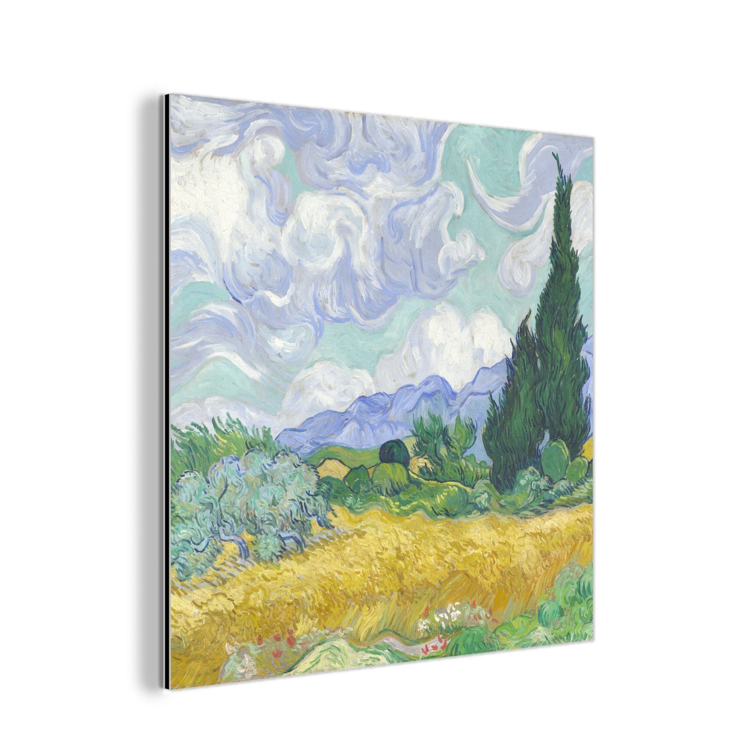 St), Alu-Dibond-Druck, MuchoWow Vincent Gogh, deko (1 Metall, mit Zypressen aus Aluminium van Gemälde Weizenfeld Metallbild -