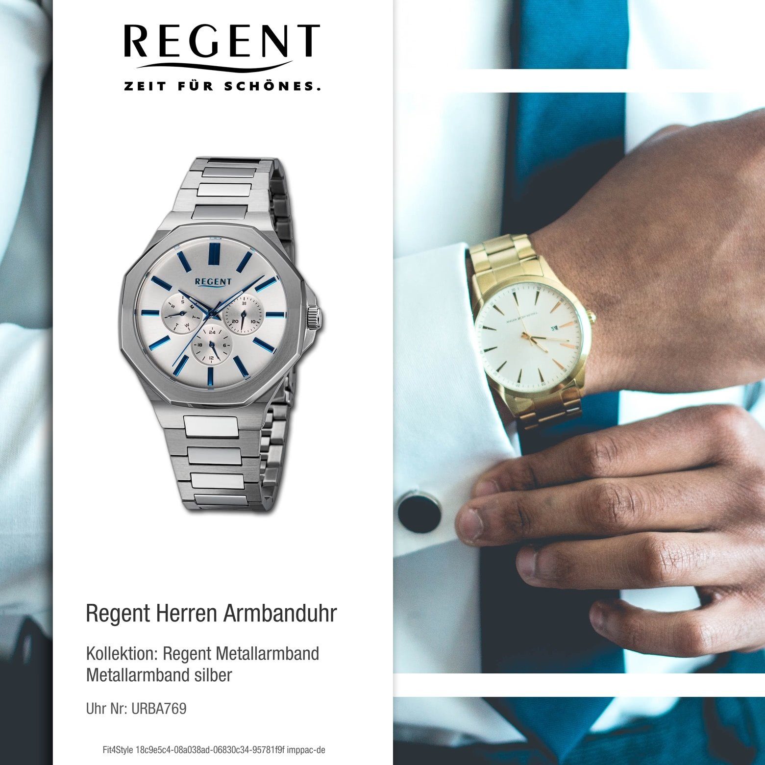 Regent Quarzuhr Regent Herren Armbanduhr 42mm), Metallarmband Analog, rund, Herren extra (ca. Armbanduhr groß