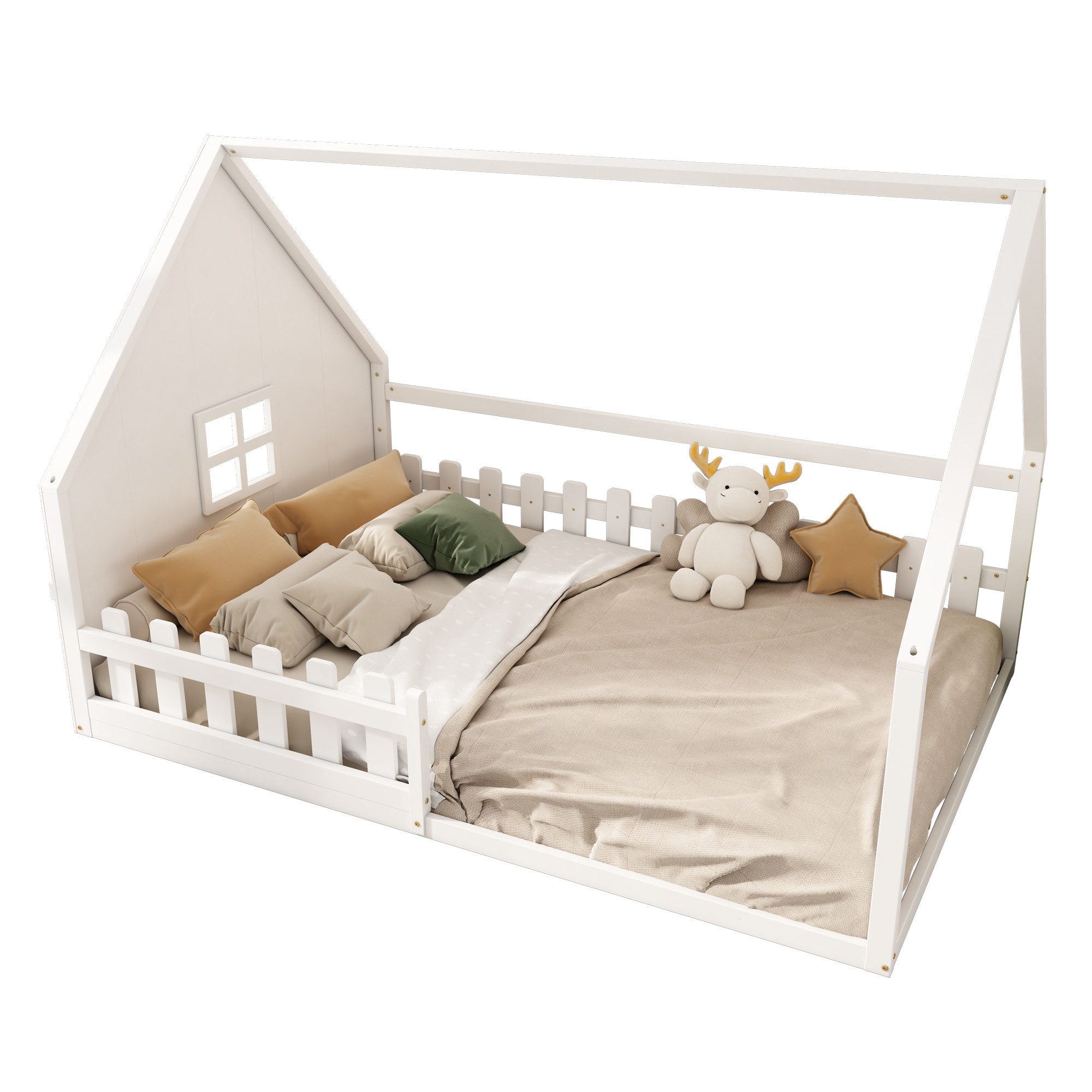 Flieks Massivholzbett, Kinderbett Hausbett Doppelbett 140x200cm mit Lattenr günstig online kaufen