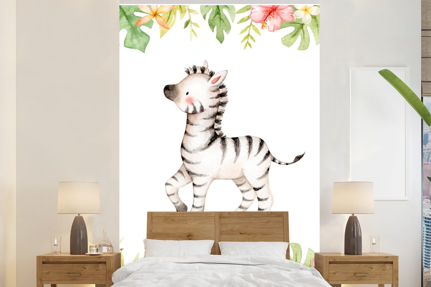MuchoWow Fototapete Zebra - Dschungel - Blumen - Pflanzen, Matt, bedruckt, (3 St), Montagefertig Vinyl Tapete für Wohnzimmer, Wandtapete