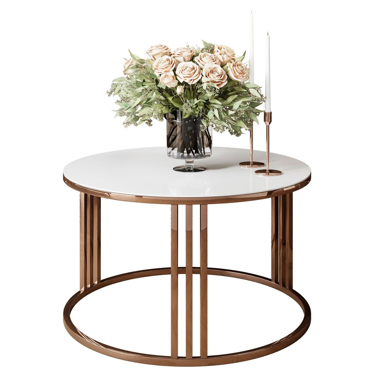 Lookway Couchtisch LORI GLASS Runder Couchtisch mit Kupfergestell