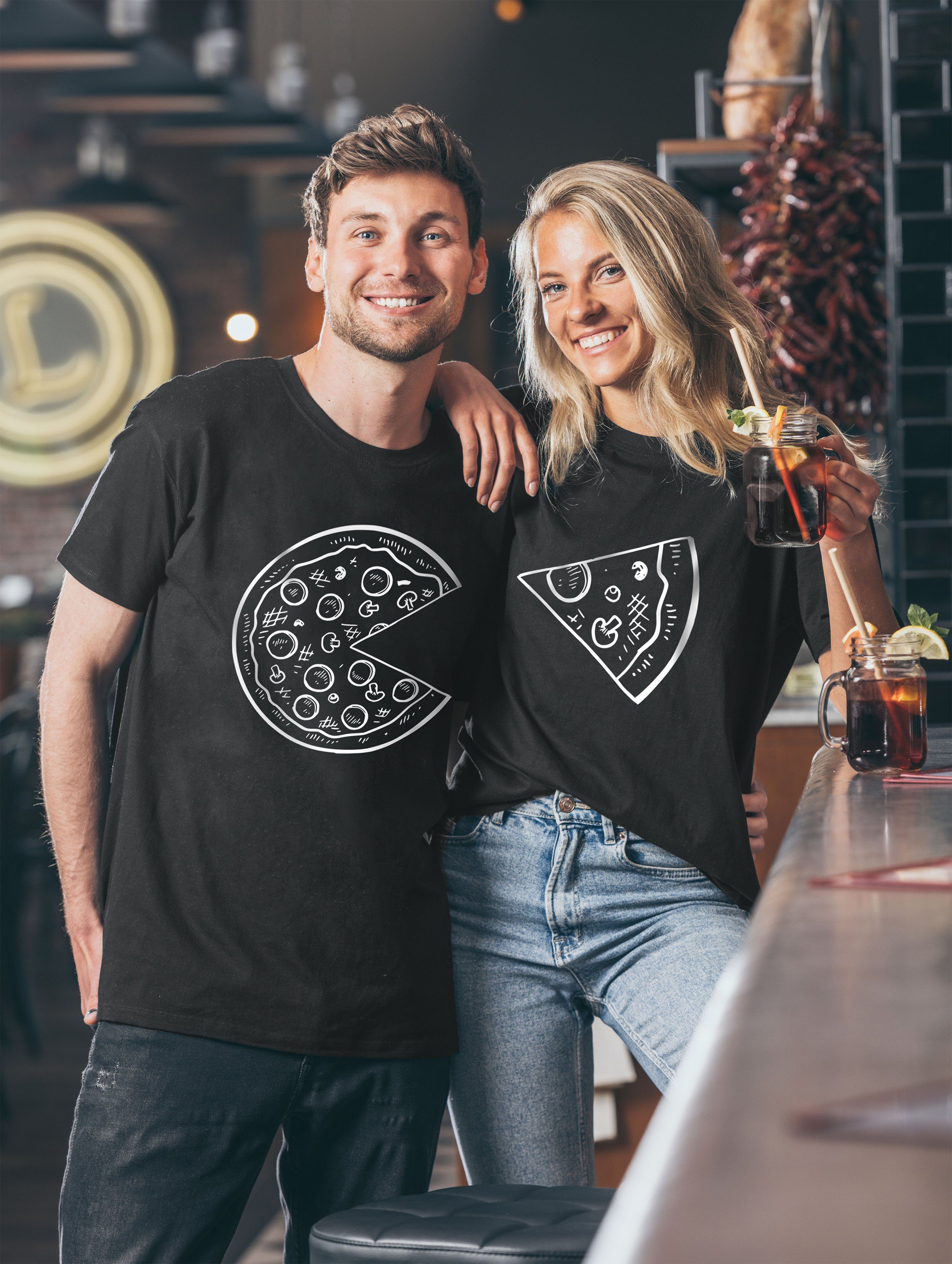 Damen trendigem (1-tlg) Partner T-Shirt Couples Pizza Fun / Shop T-Shirts Print mit Look Schwarz