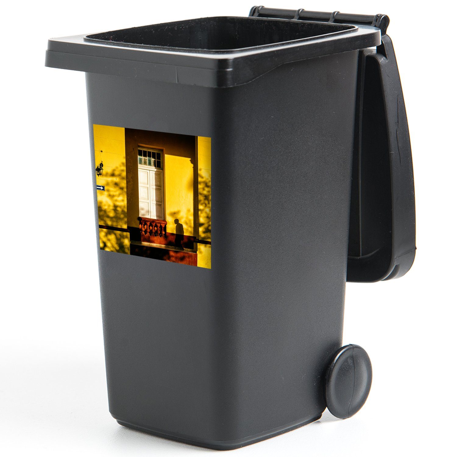 Tür MuchoWow Wandsticker - Abfalbehälter Mülleimer-aufkleber, (1 - Architektur Mülltonne, Gelb Sticker, - Schatten Container, St),