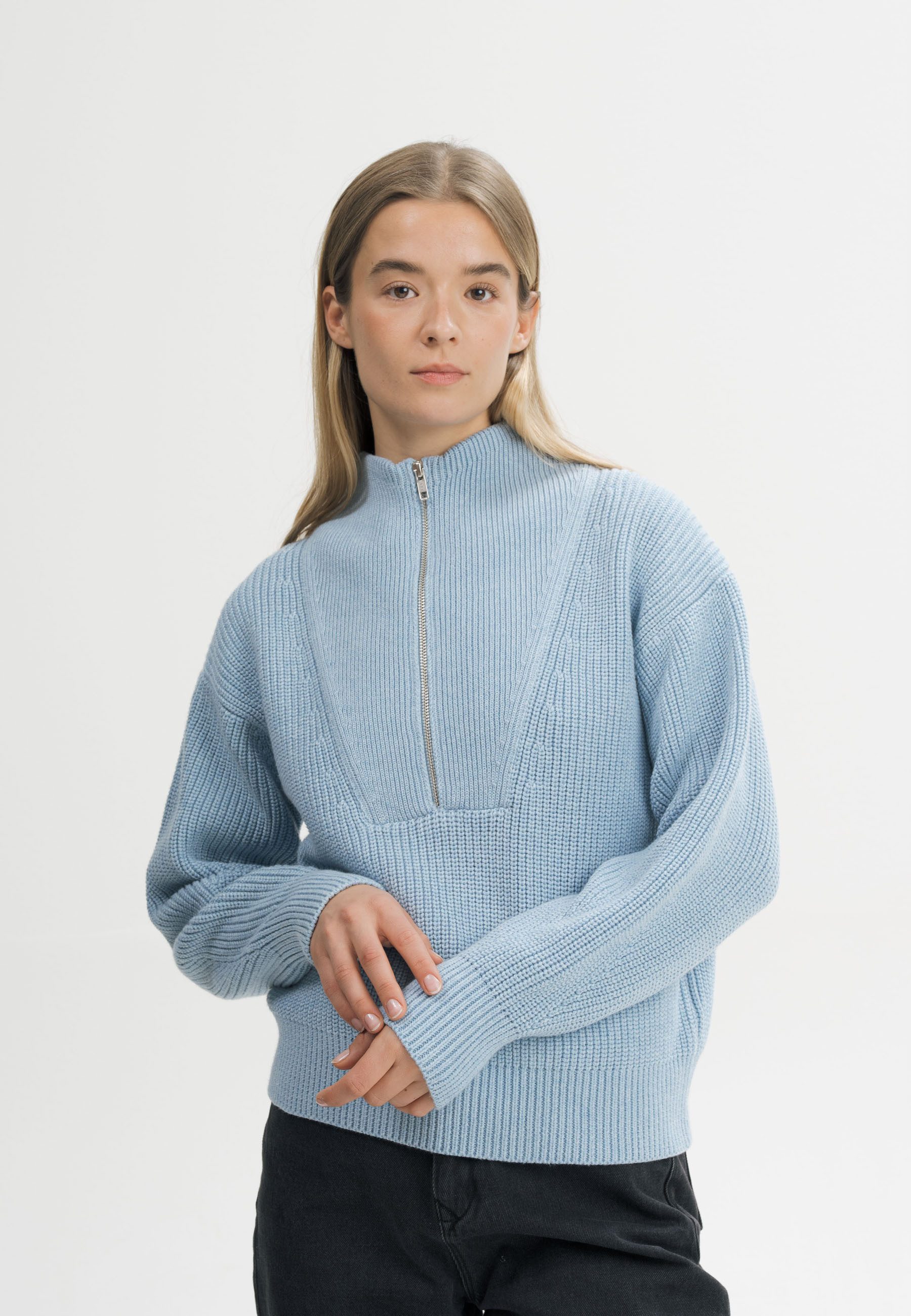 MELA Strickpullover Rippstrick Troyer Style KIMAYA Gerippter Kragen, Saum und gerippte Bündchen