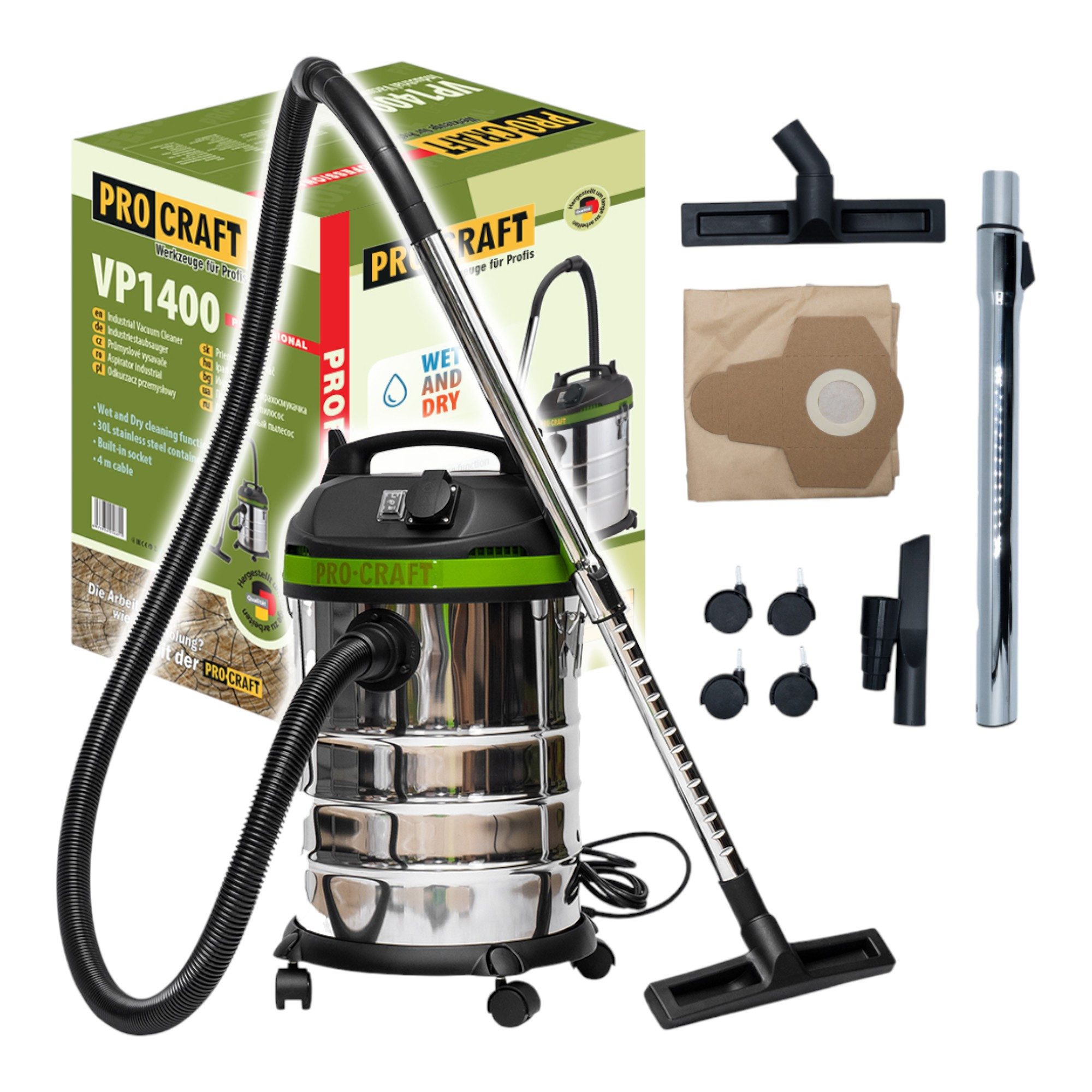 PRO CRAFT Staubabsauger VP1400 Nass- und Trockensauger 1400 Watt 30 Liter Fassungsvermögen
