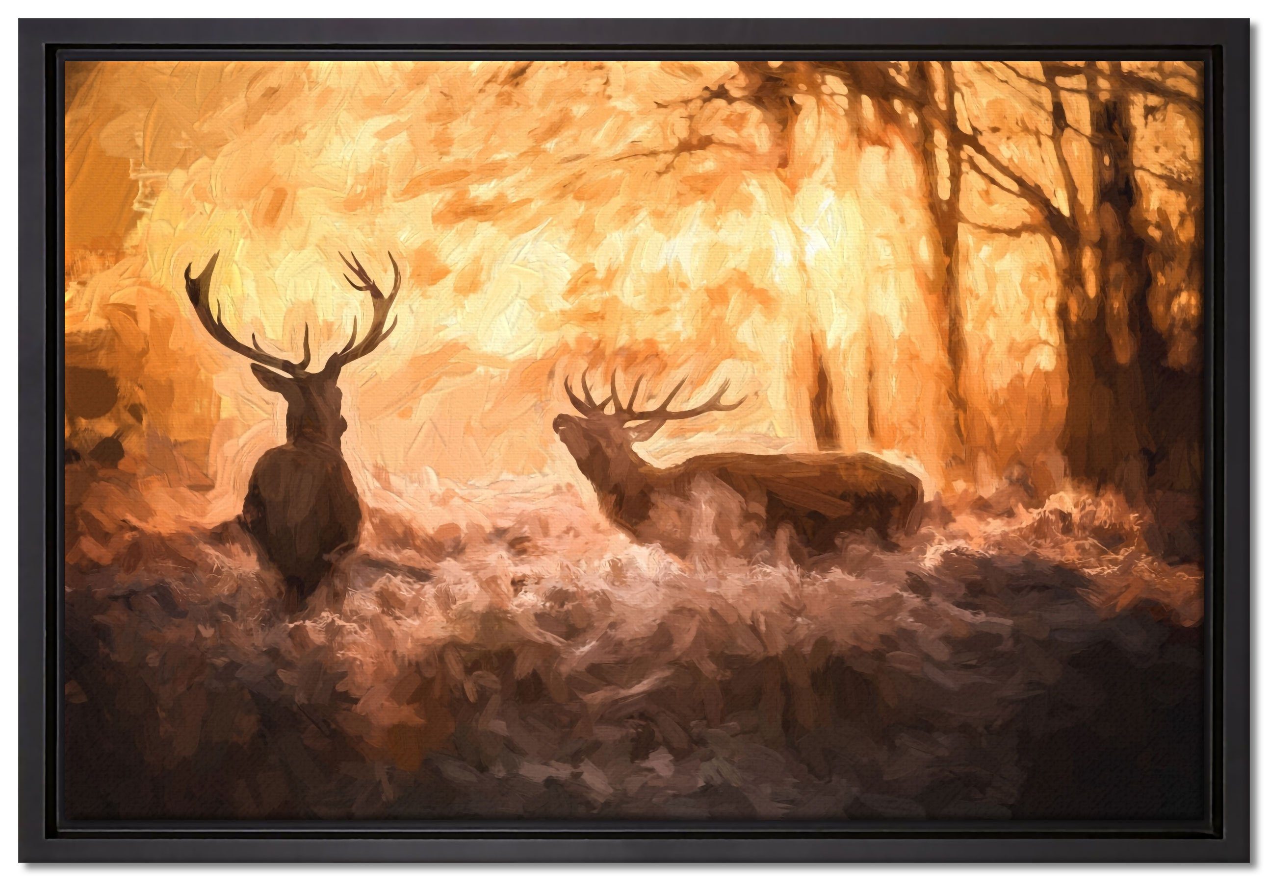 Pixxprint Leinwandbild Hirsche im Wald, Wanddekoration (1 St), Leinwandbild fertig bespannt, in einem Schattenfugen-Bilderrahmen gefasst, inkl. Zackenaufhänger