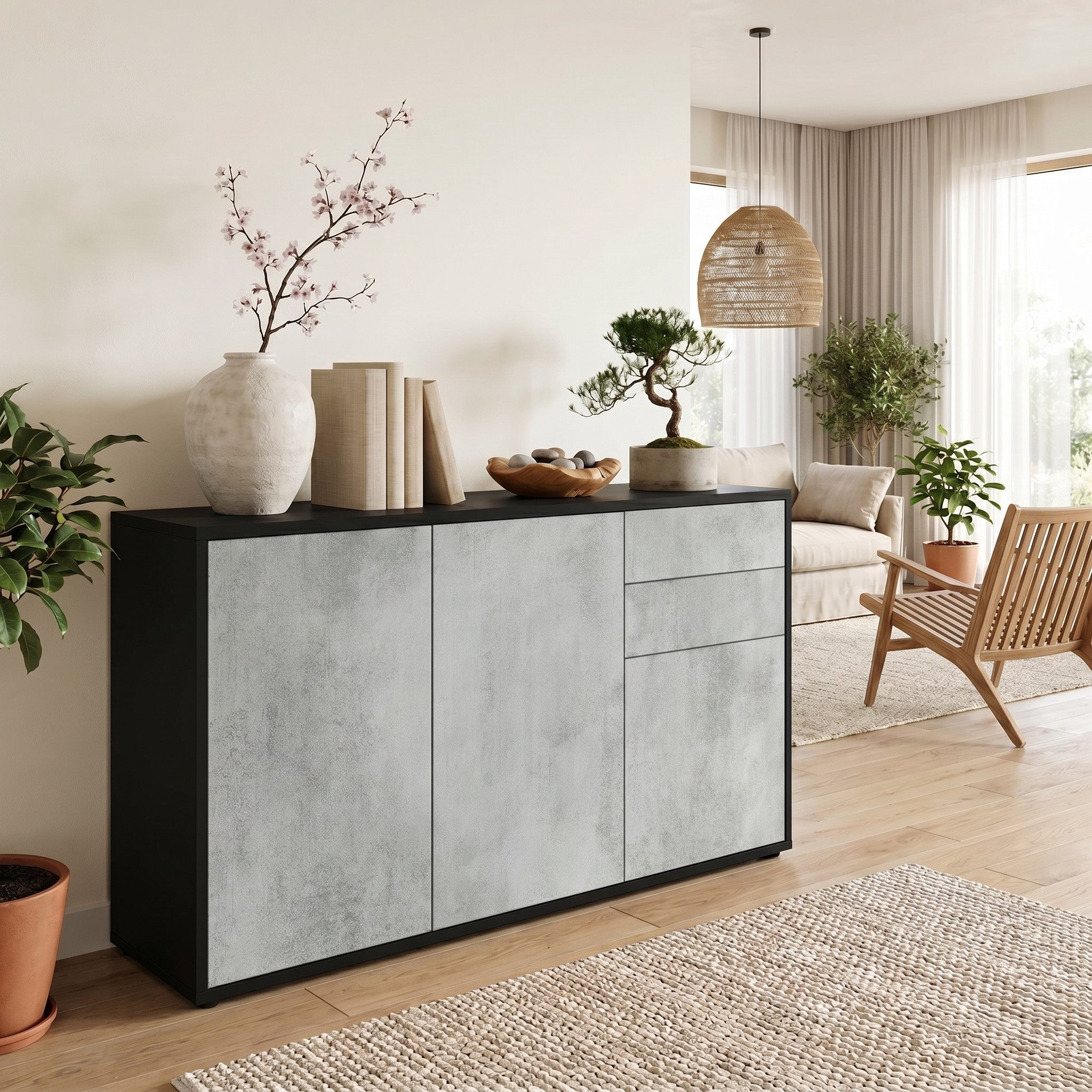 Vladon Kommode Ben V3 (Kommode, mit 3 Türen und 2 Schubladen), Schwarz matt/Beton Oxid-Optik (117 x 74 x 36 cm)