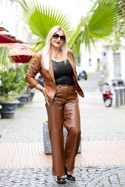 Be Noble Lederhose Kunstlederhose cognac weit Schlaghose mit hoher Taille in cognac