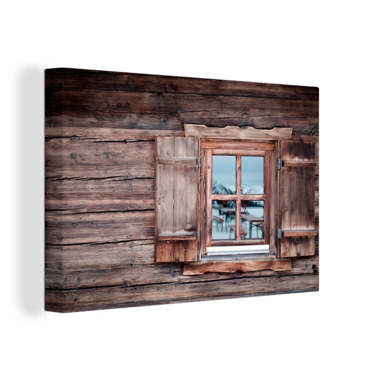 OneMillionCanvasses® Leinwandbild Eine Blockhütte mit offenem Fenster, (1 St), Wandbild Leinwandbilder, Aufhängefertig, Wanddeko, 30x20 cm
