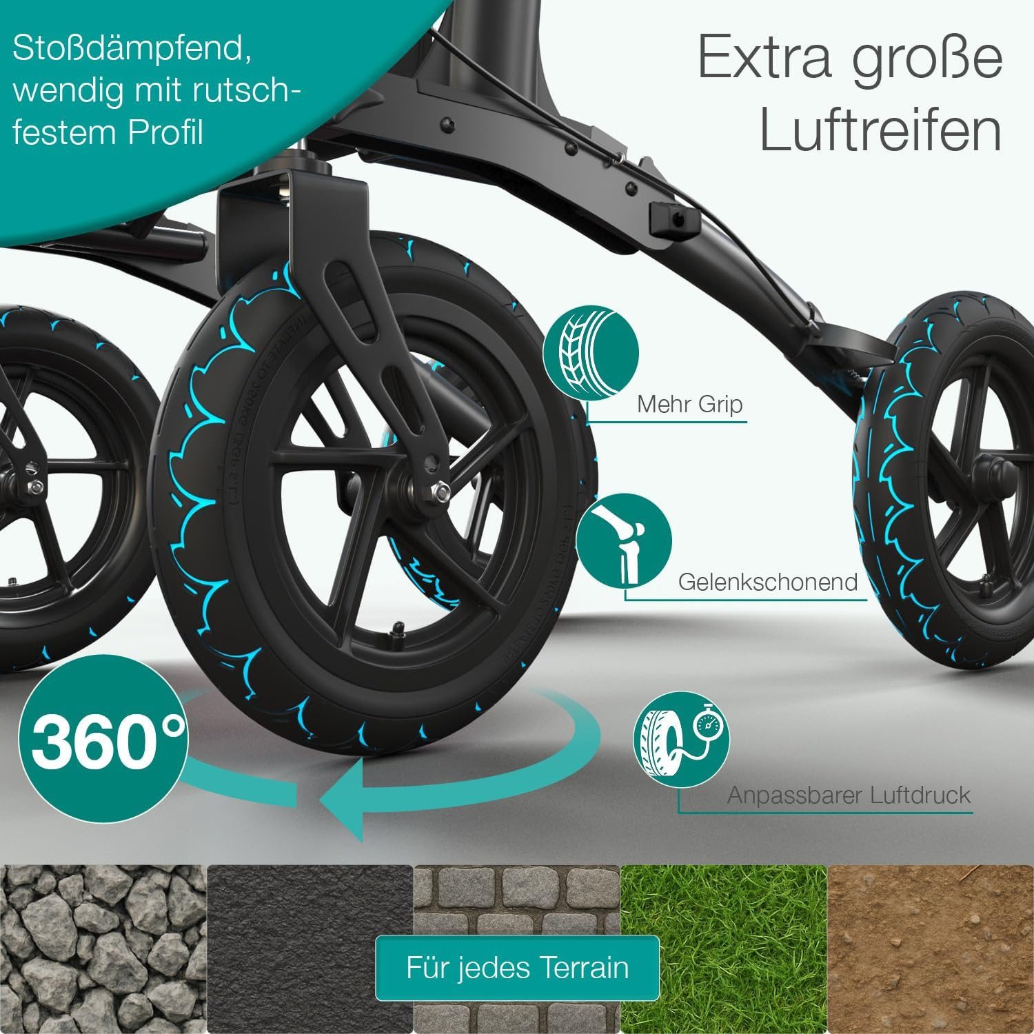 ELONEO Rollator faltbar & leicht, Outdoor Rollator mit Sitz & Luftbereifung, Klick & Go System, feststellbare Bremse, Lufträder