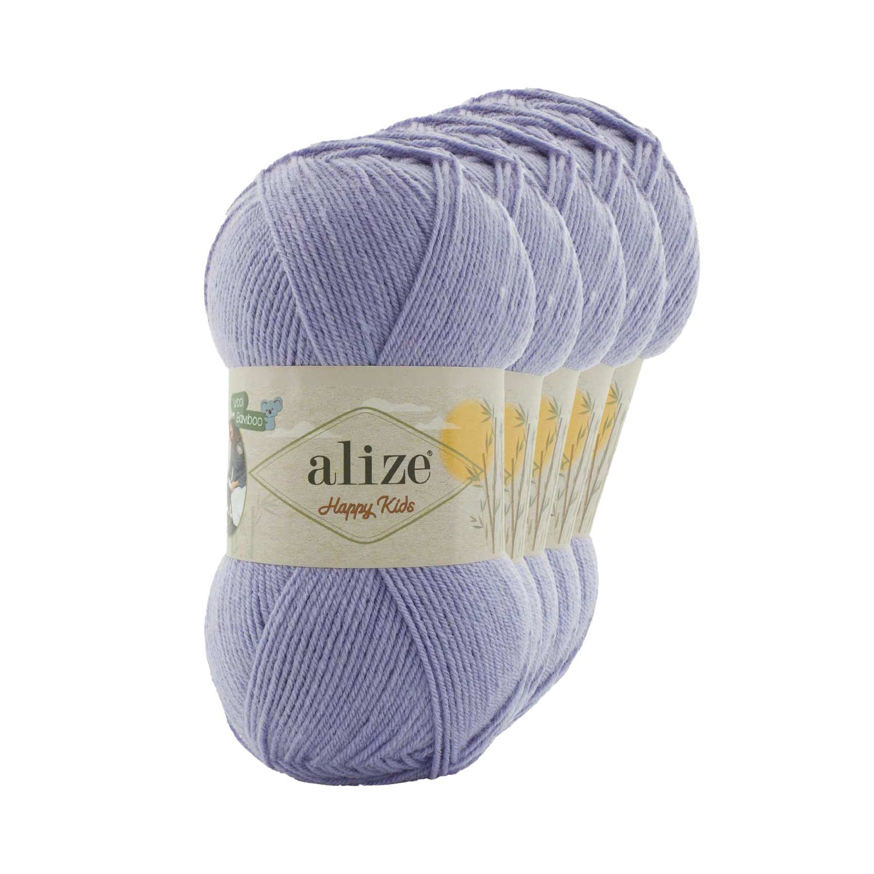 Alize 5 x 100g Alize Happy Kids Viskose Klassikgarn Strickgarn Häkelgarn Häkelwolle, 310 m, 257 lavendel