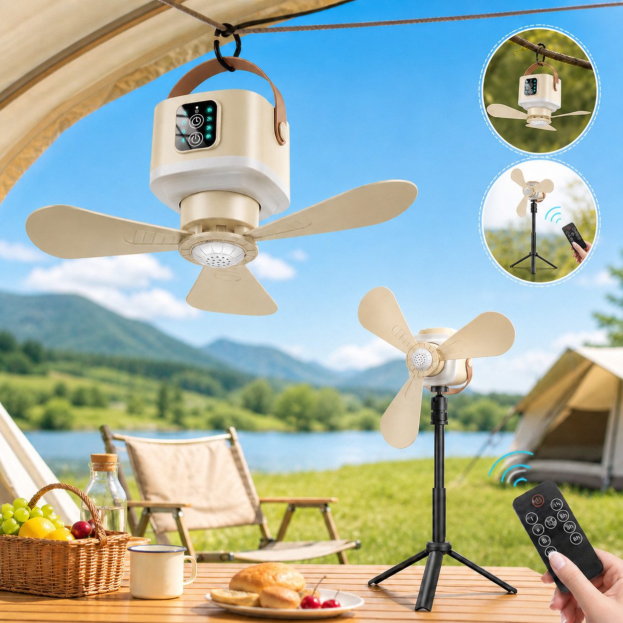 Lapalife Deckenventilator Akku Tragbarer Ventilator mit Licht & Ständer, 4 Windgeschwindigkeiten, 3 Helligkeitsstufen, Ventilator für Outdoor Camping Terrasse, Balkon