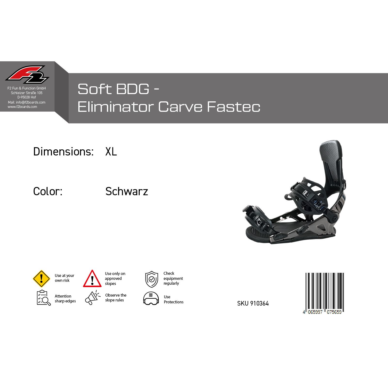 F2 Snowboardbindung F2 Snowboard Soft Bindung Eliminator Carve Fastec XL Schwarz