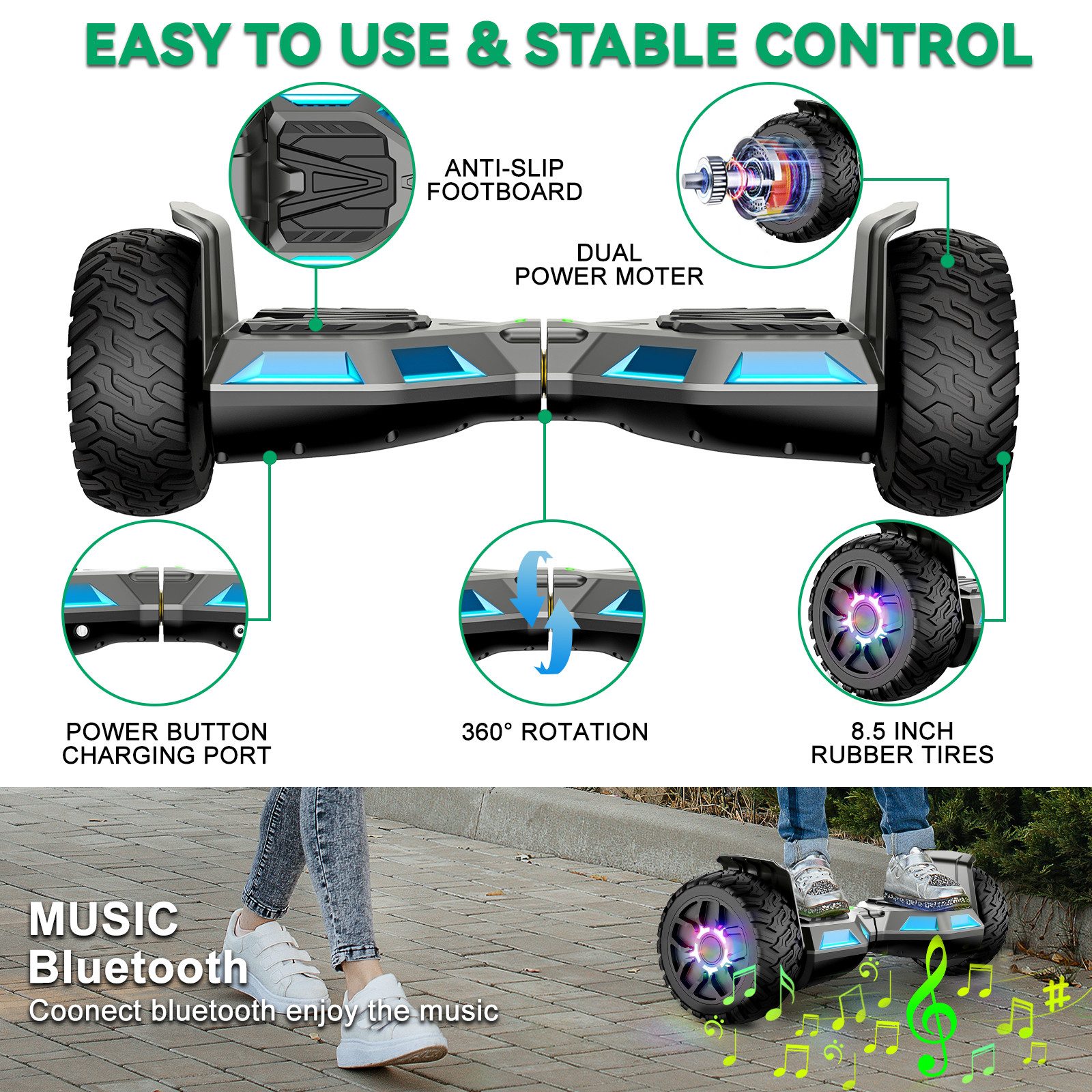 SISIGAD Balance Scooter Kart HY-B02 6,5 Zoll Dualmotorräder, Hoverboard mit kart,LED, Bluetooth, 10 km/h, Hoverboards mit Sitz&LED-Licht und Bluetooth,Geschenk für Kinder