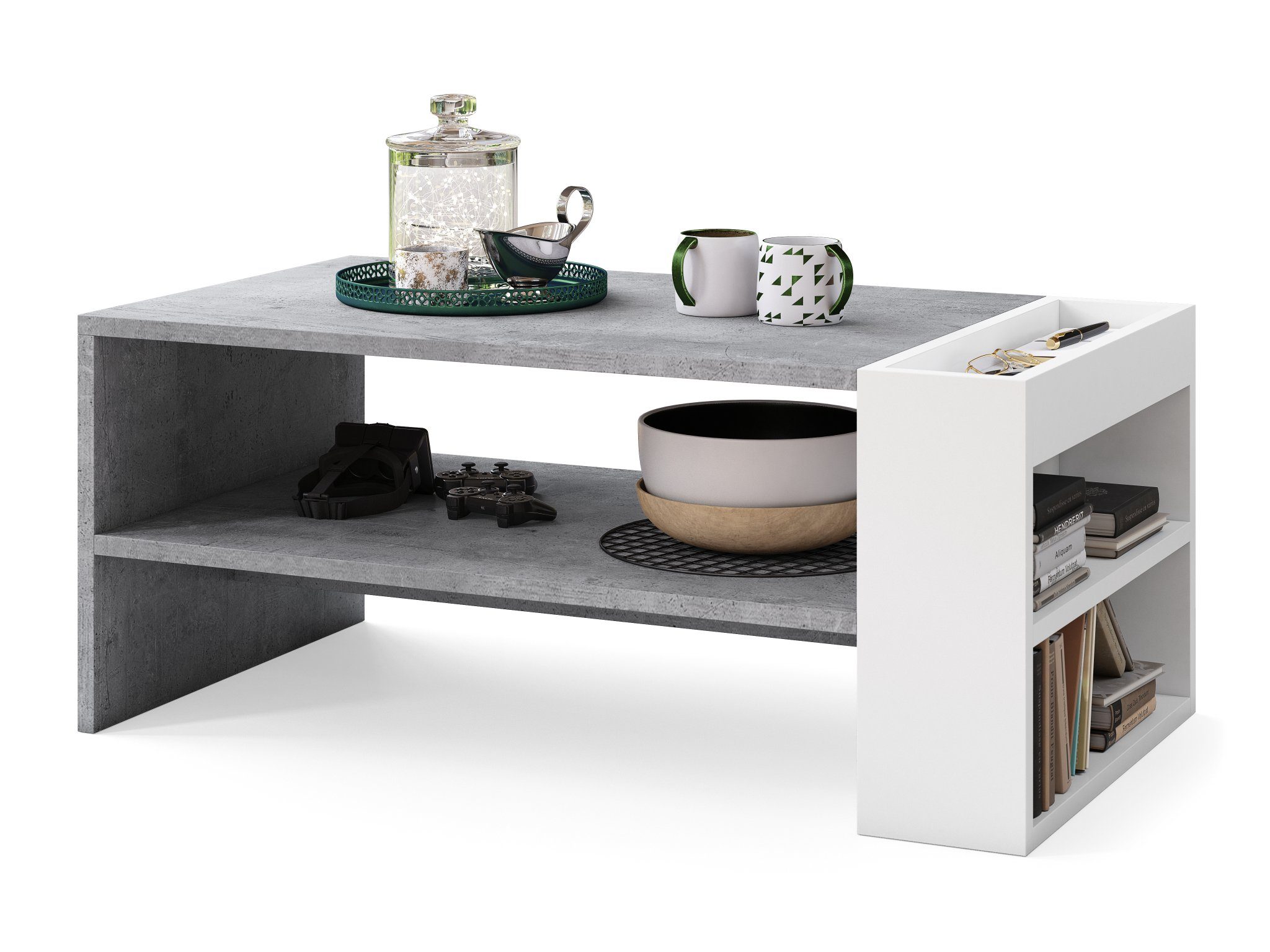 designimpex Couchtisch Design Couchtisch Nefri Tisch Wohnzimmertisch Beton Weiß mit Ablagefläche / matt