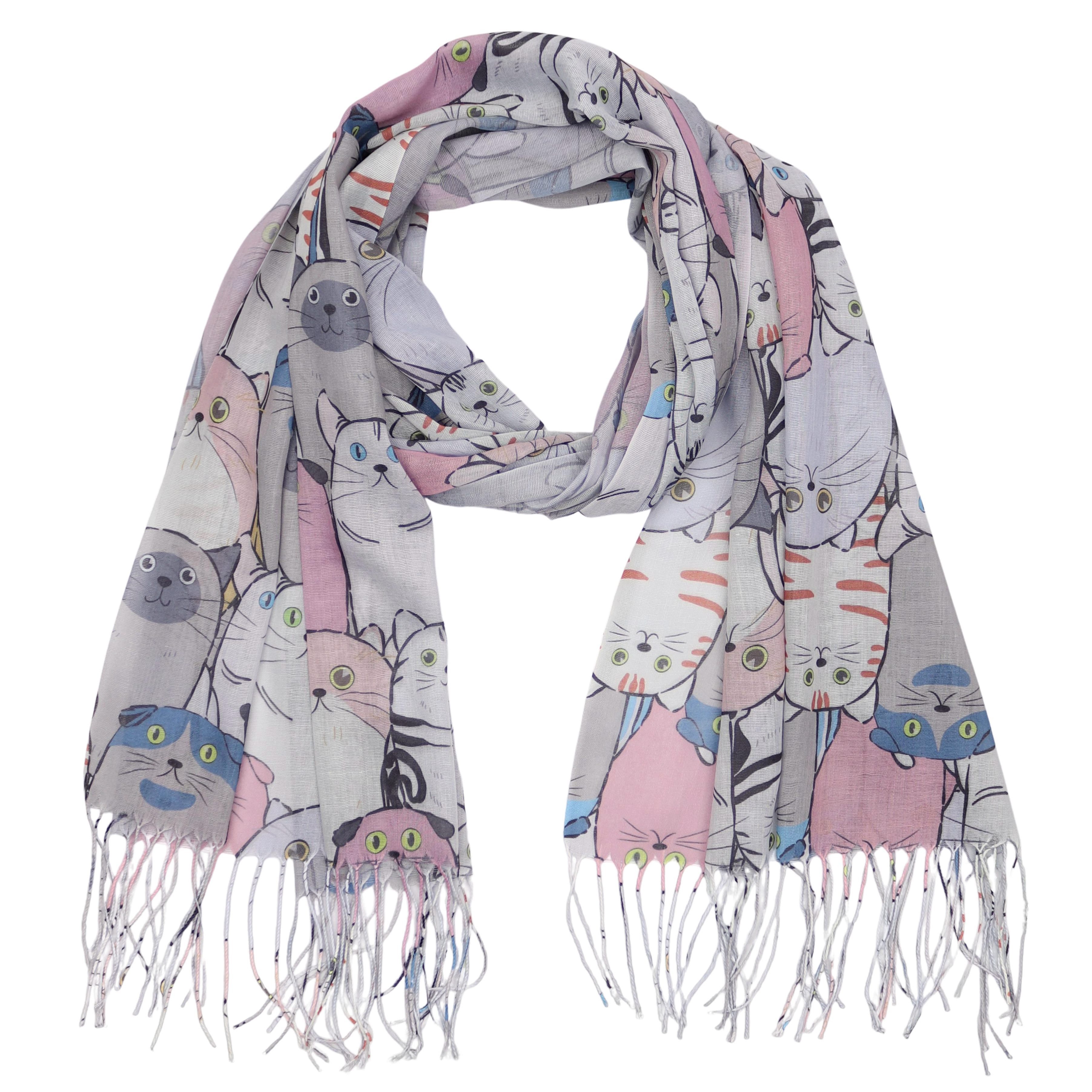 MIRROSI Modeschal Weicher & Leicht Großes Schal, ca.70x185cm, Katzen Print, (70% Viskose 30% Baumwolle, Atemberaubende Designs), Damen Halstuch Stola ideal für Frühling, Sommer und Herbst