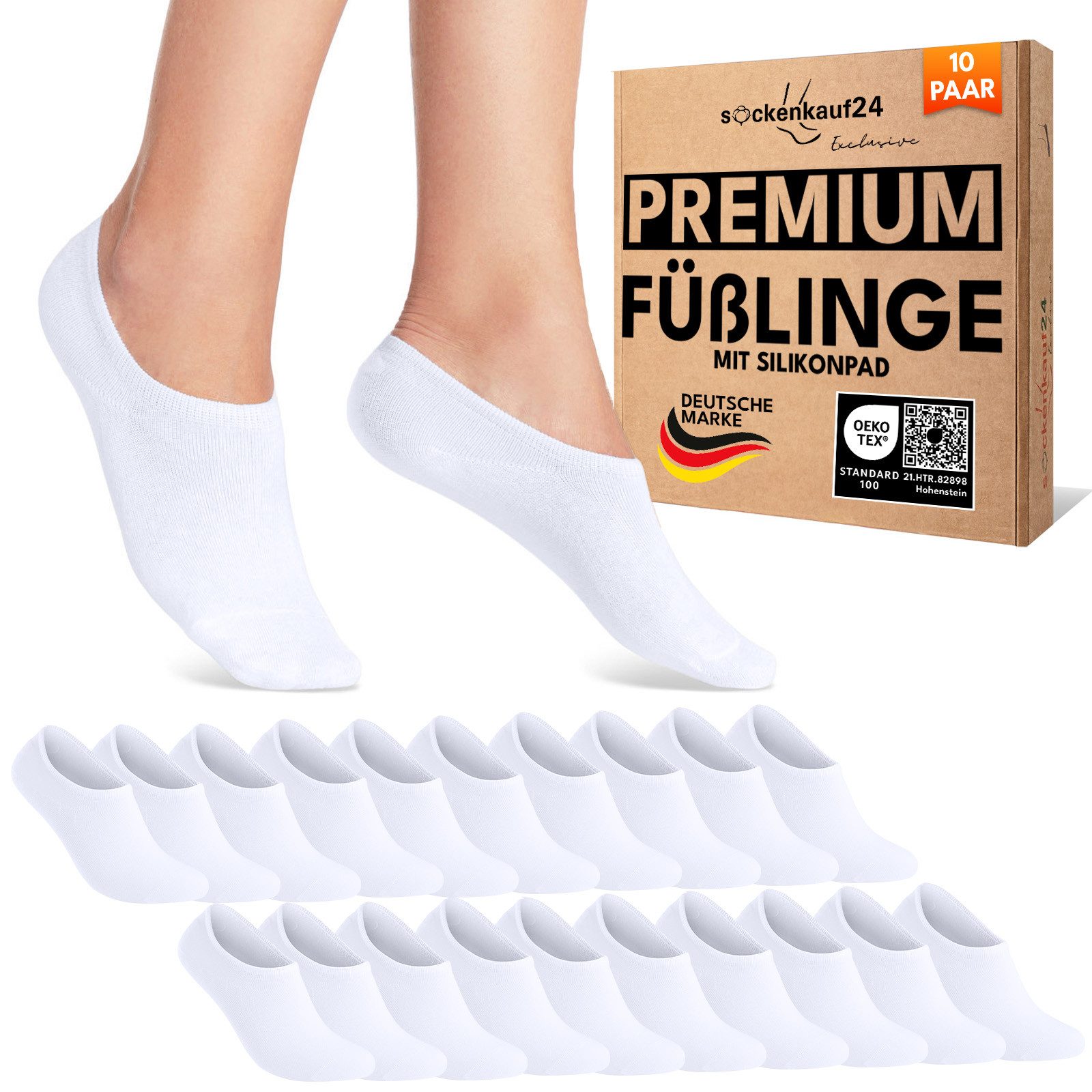 sockenkauf24 Füßlinge 10 Paar Premium Füßlinge Sneaker Socken Damen Herren Baumwolle (10-Paar) invisible Socks ohne Naht mit Silikonpad gegen Verrutschen - 70106T