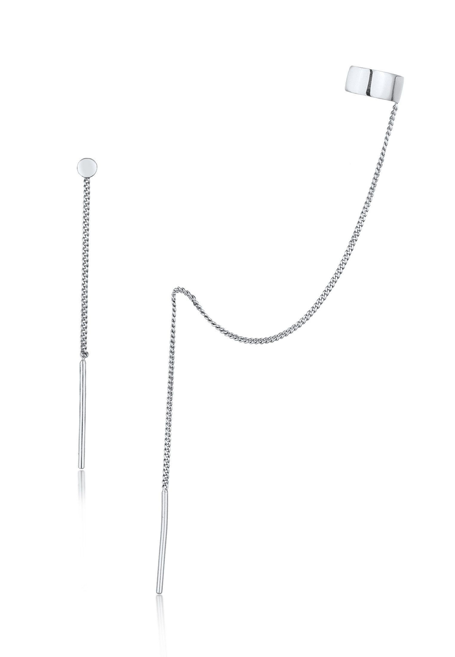 Paar Ohrhänger Earcuff mit Kette Durchzieher Plättchen Poliert 925 Silber