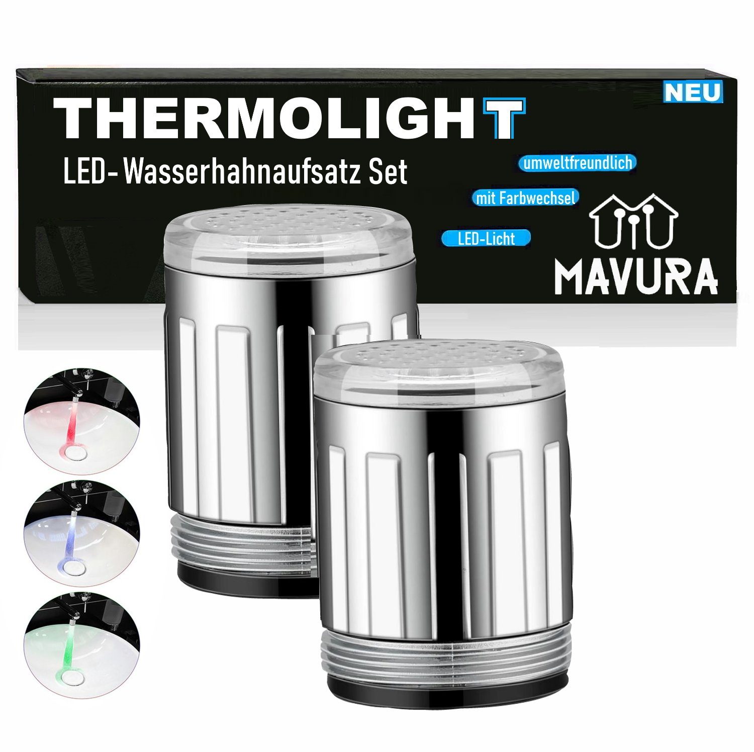 MAVURA Wasserhahnfilter THERMOLIGHT LED Wasserhahn Aufsatz Licht Küche Bad Thermosensor, Luftsprudler Wasserhahnaufsatz temperaturempfindlich