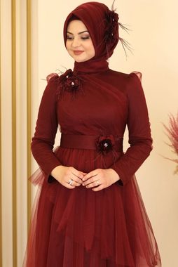 Modavitrini Tüllkleid Damen Abendkleid Abiye Abaya Hijab Kleid Maxikleid (CICEK) mit Blumendetails
