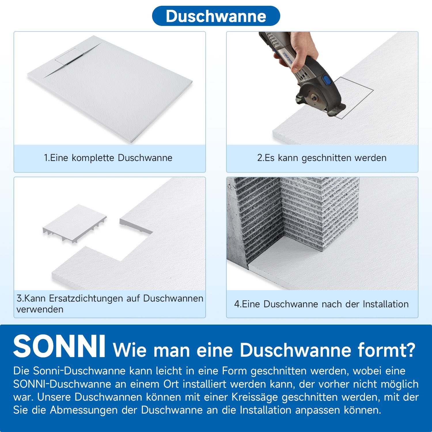 SONNI Duschwanne Duschtasse, mit Siphon, walk in dusche, Weiß / Schwarz, Schieferoptik, SMC,Antirutsch,Flach, inkl. ABlaufgarnitur Siphon.