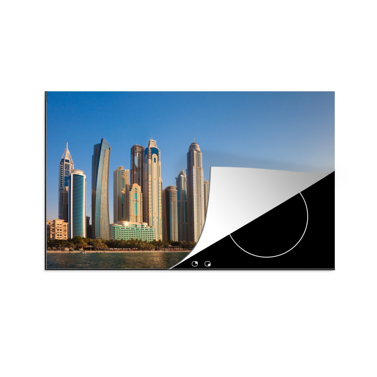MuchoWow Herdblende-/Abdeckplatte Die Skyline der Dubai Marina vom Meer aus, Vinyl, (1 tlg), 81x52 cm, Induktionskochfeld Schutz für die küche, Ceranfeldabdeckung