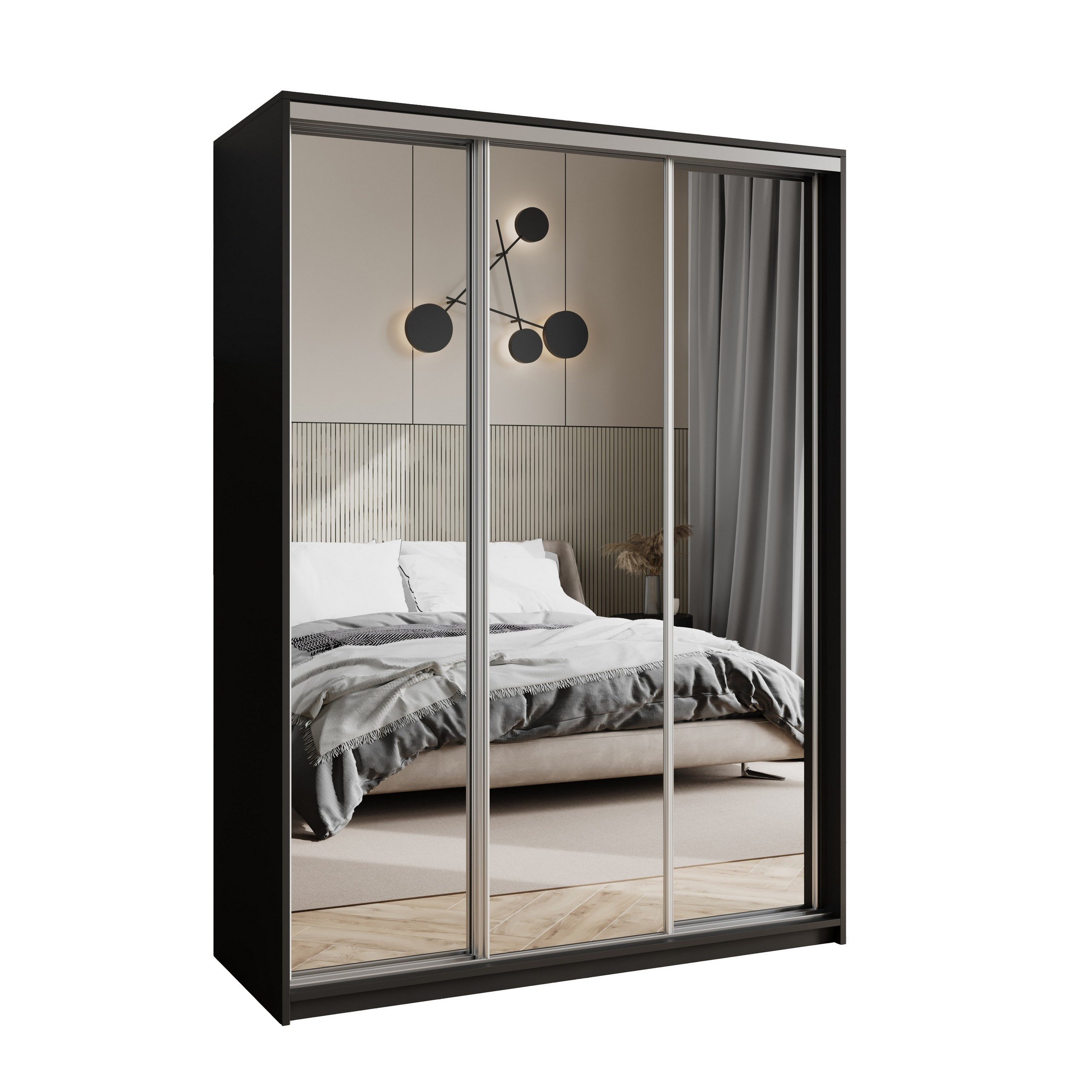 Masseno Schwebetürenschrank RIEN 150 cm Kleiderschrank mit Spiegel 3 Türen Schwarz