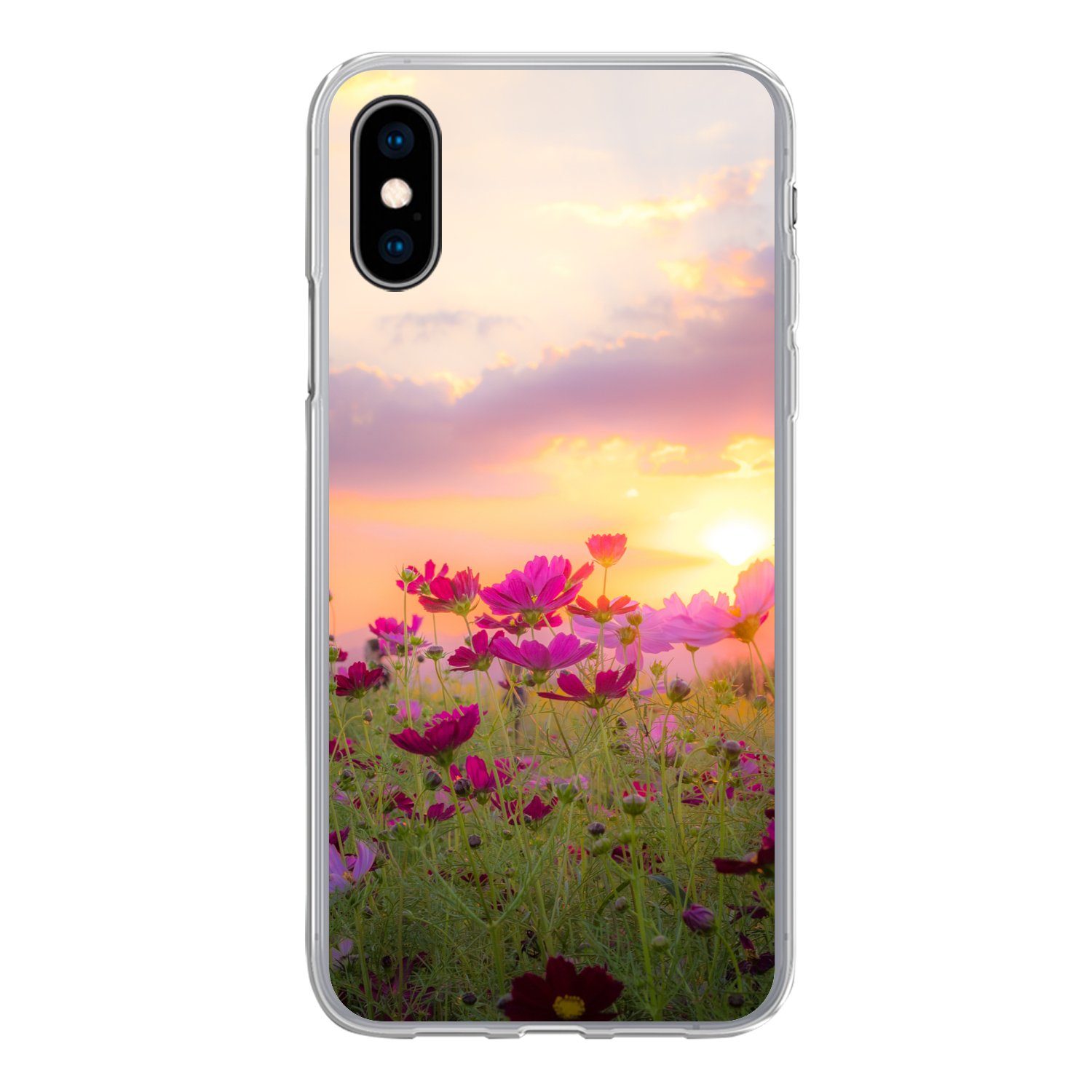 MuchoWow Handyhülle für Apple iPhone X Sonnenuntergang - Blumen - Rosa - Natur - Grün, Smartphone-Bumper, Print, Handy Schutzhülle Dünn