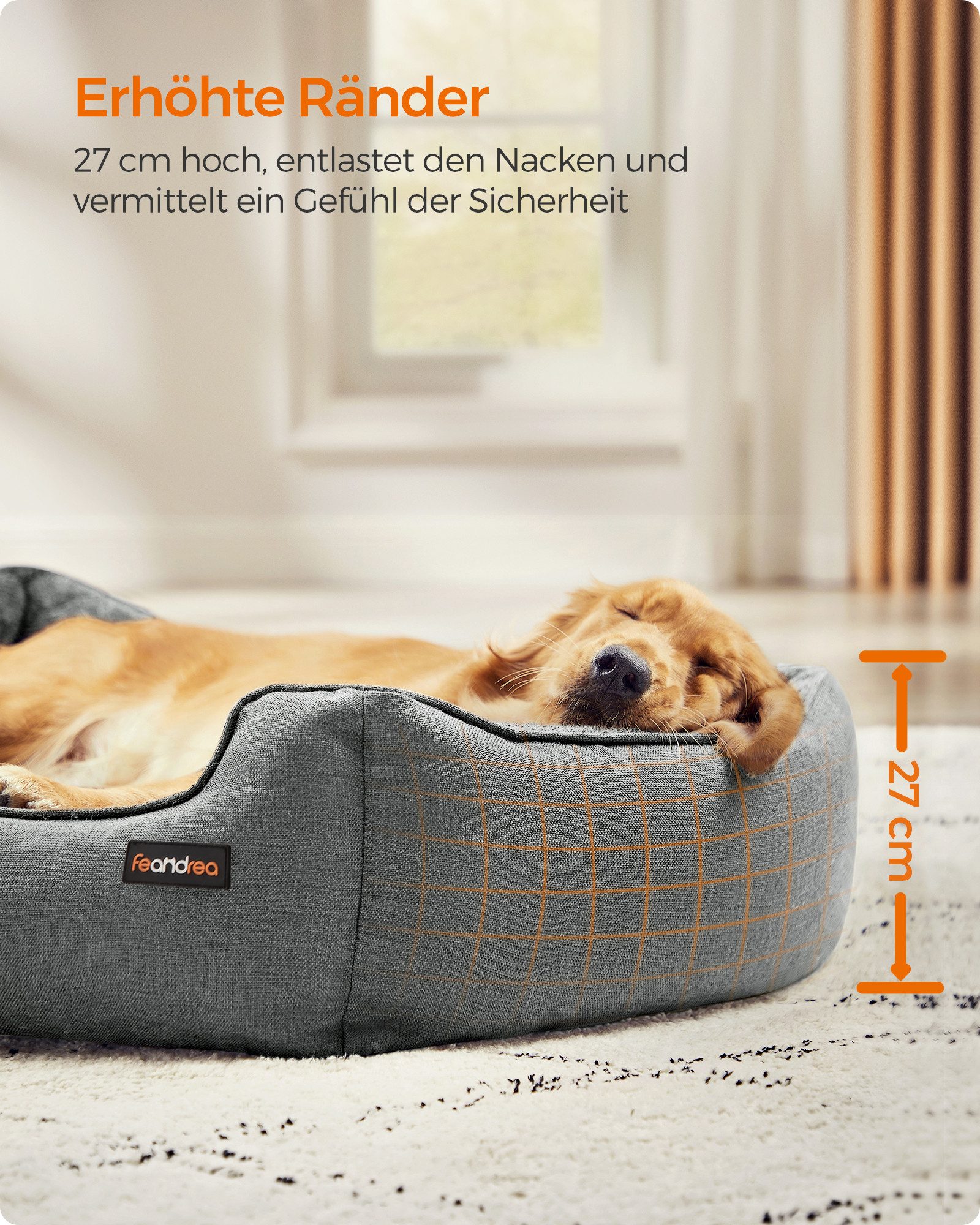 FEANDREA Hundebett Hundekissen in Leinenoptik, Hundekorb, XL, große Hunde, 100x75x25 cm, erhöhte Ränder, rutschfeste Unterseite, Bezug abnehmbar waschbar