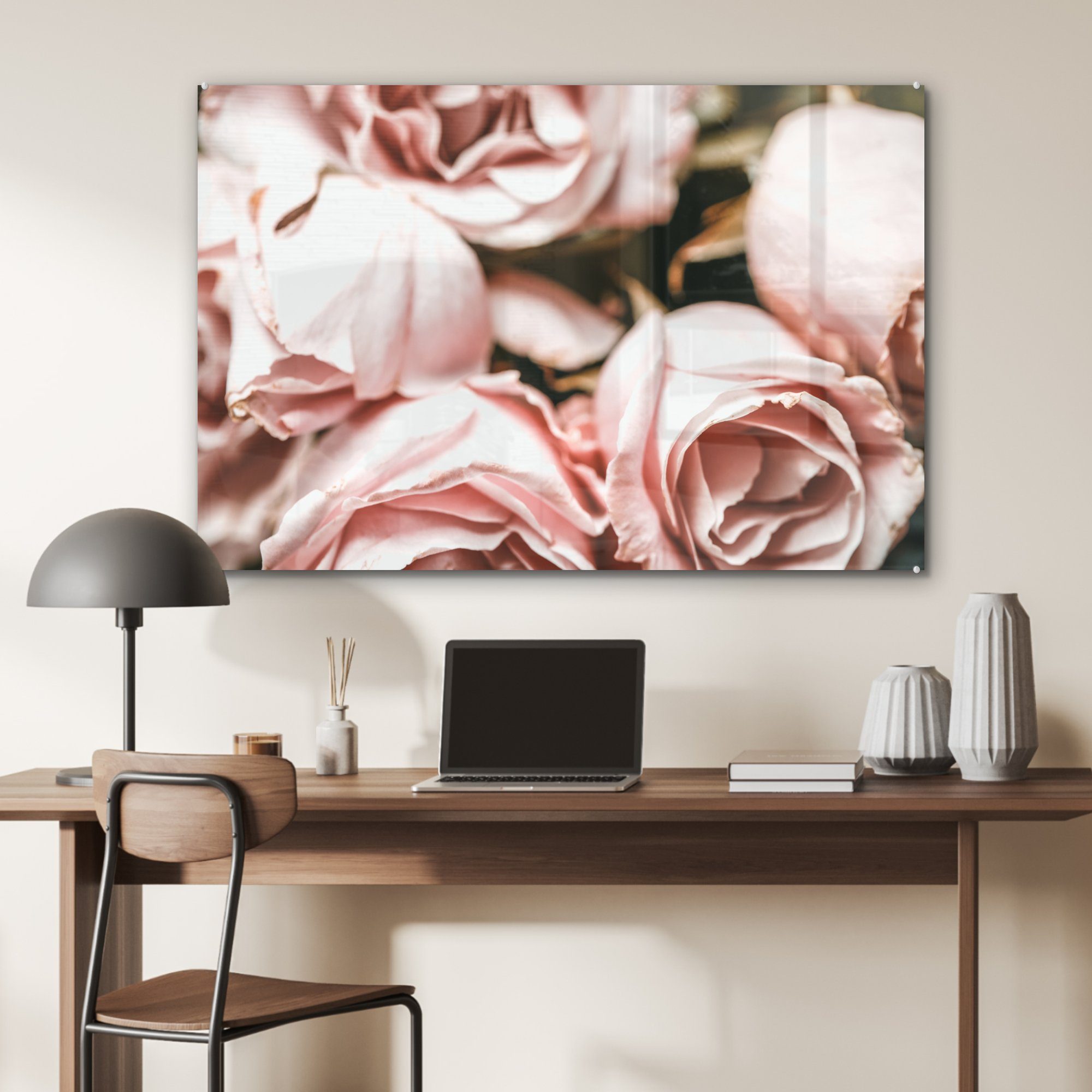 Acrylglasbild MuchoWow Acrylglasbilder St), Vintage, Rosen & Schlafzimmer (1 Wohnzimmer Rosa - -