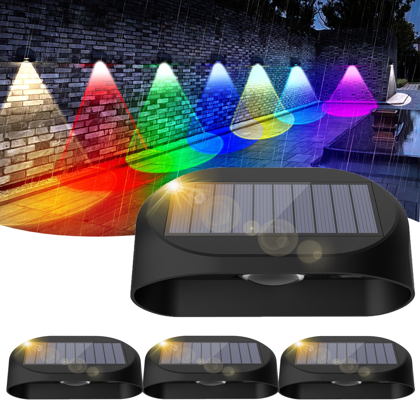 MUPOO LED Gartenleuchte 2 X LED Solarleuchten RGB Außen Treppenlicht 3 Modi, Solar Zaunleuchten, 4 Stück, IP54 Außen Solar Wandleuchte Fluter Strahler